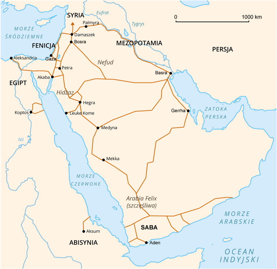 Mapa przedstawia półwysep Arabski z wyróżnionymi państwami: Syria, Fenicja, Mezopotamia, Saba. W Afryce Egipt oraz Abisynia. Na wschód od półwyspu Na mapie zaznaczone są również miasta: Aksum, Apsos, Koptos, Aleksandria, Aden, Mekka, Medyna, Hegra, Leuke Kome, Akaba, Petra, Gaza, Bosra, Damaszek, Palmyra, Basra i Berrha. Miasta te są połączone liniami.