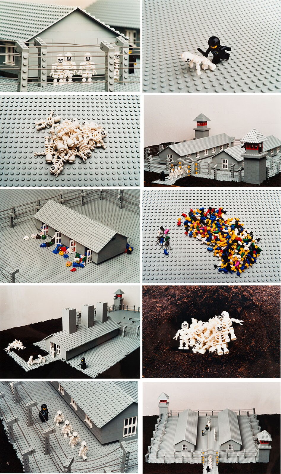 Praca autorstwa Zbigniewa Libery pod tytułem „Lego. Obóz koncentracyjny” przedstawia widok na obóz koncentracyjny wykonany z klocków Lego. Praca przedstawia widok na tytułowy obóz koncentracyjny zbudowany z klocków Lego. Praca została przedstawiona w pięciu rzędach fotografii, po dwie w każdym rzędzie – łącznie dziesięć przedstawień pracy.
Pierwsza fotografia przedstawia figurki lego – kościotrupy, które nawiązują do wygłodzonych więźniów niemieckich obozów. Figurki zostały umieszczone przy płocie elektrycznym, w tle stoją szare budynki - baraki.
Druga fotografia ukazuje bicie więźnia przez strażnika – na tle szarej posadzki strażnik, ubrany na czarno, czarną pałką uderza w plecy białej, szkieletowej postaci.
Trzecia fotografia ukazuje stos ciał – ofiar, które rozrzucone zostały na tle szarej posadzki. Każda z postaci ma uniesione do góry ręce, czarne oczy, usta i nos. Fotografia symbolizuje okrucieństwo wojny.
Czwarta fotografia przedstawia model obozu – białe figurki symbolizujące więźniów obozu przechodzą przez bramę i kierują się do wnętrza obozu. Nad wszystkim czuwa strażnik, który pilnuje, aby nikt nie uciekł. Obóz to dwa długie, szare budynki - baraki. Obóz strzeżony jest przez strażników stojących na dwóch wieżach obserwacyjnych o czerwonych detalach.
Piąta fotografia przedstawia szary budynek , w którym zostały otwarte wszystkie cztery pary drzwi, przez które wyrzucane są kolorowe ubrania więźniów.
Szósta fotografia przedstawia szarą posadzkę, na której ułożono kolorowe kolcki lego, prezentujące kończyny.
Siódma fotografia przedstawia wynoszenie więźniów przez innych więźniów do masowego grobu wykopanego obok budynku z kominami. Scenę wynoszenia ciał obserwuje strażnik ubrany na czarnp.
Ósma fotografia przedstawia dziurę w ziemi, w której urządzono masowy grób – jest on pełen ciał ofiar.
Fotografia dziewiąta i dziesiąta przedstawia widok ogólny na obóz koncentracyjny – dziewiąta więźniów idących przed strażnikiem obok ogrodzenia obozu, a dziesiąta – widok obozu z lotu ptaka.