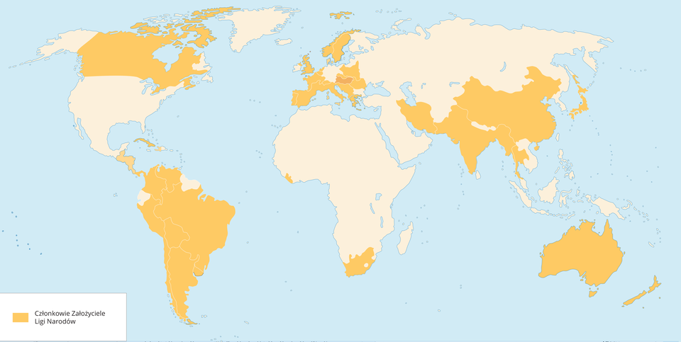 Ilustracja przedstawia mapę świata z zaznaczonymi na pomarańczowo członkami założycielami Ligi Narodów. Są to następujące kraje: Argentyna, Australia, Belgia, Boliwia, Brazylia, Chile, Chiny, Czechosłowacja, Dania, Francja, Grecja, Gwatemala, Haiti, Hiszpania, Holandia, Honduras, Indie Brytyjskie, Iran, Japonia, Kanada, Kolumbia, Kuba, Liberia, Nikaragua, Norwegia, Nowa Zelandia, Panama, Paragwaj, Peru, Polska, Portugalia, Rumunia, Salwador, Królestwo Serbów, Chorwatów i Słoweńców, Szwajcaria, Szwecja, Syjam, Urugwaj, Wenezuela, Węgry, Wielka Brytania, Włochy, Związek Południowej Afryki.