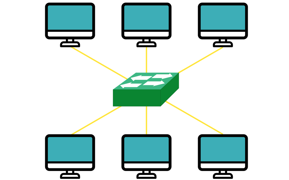 Przykładowa lokalna sieć komputerowa z przełącznikiem sieciowym.  Ikona przełącznika sieciowego połączona jest prostymi z sześcioma ikonami komputerów.