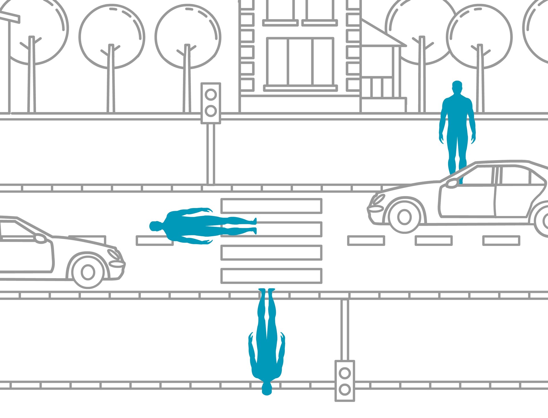 Ilustracja przedstawia topograficznie ujętą przestrzeń ulicy z chodnikami, domkami, drzewami, samochodami, przejściem dla pieszych oraz sygnalizacją świetlną. Na płaszczyźnie ukazany jest fragment miasta z lotu ptaka przy jednoczesnym pokazaniu poszczególnych obiektów z boku. Szczególnie widoczny jest ten zabieg na przykładzie niebieskiej postaci, która na grafice ukazana jest w trzech rzutach: poziomym, pionowym oraz do góry nogami.