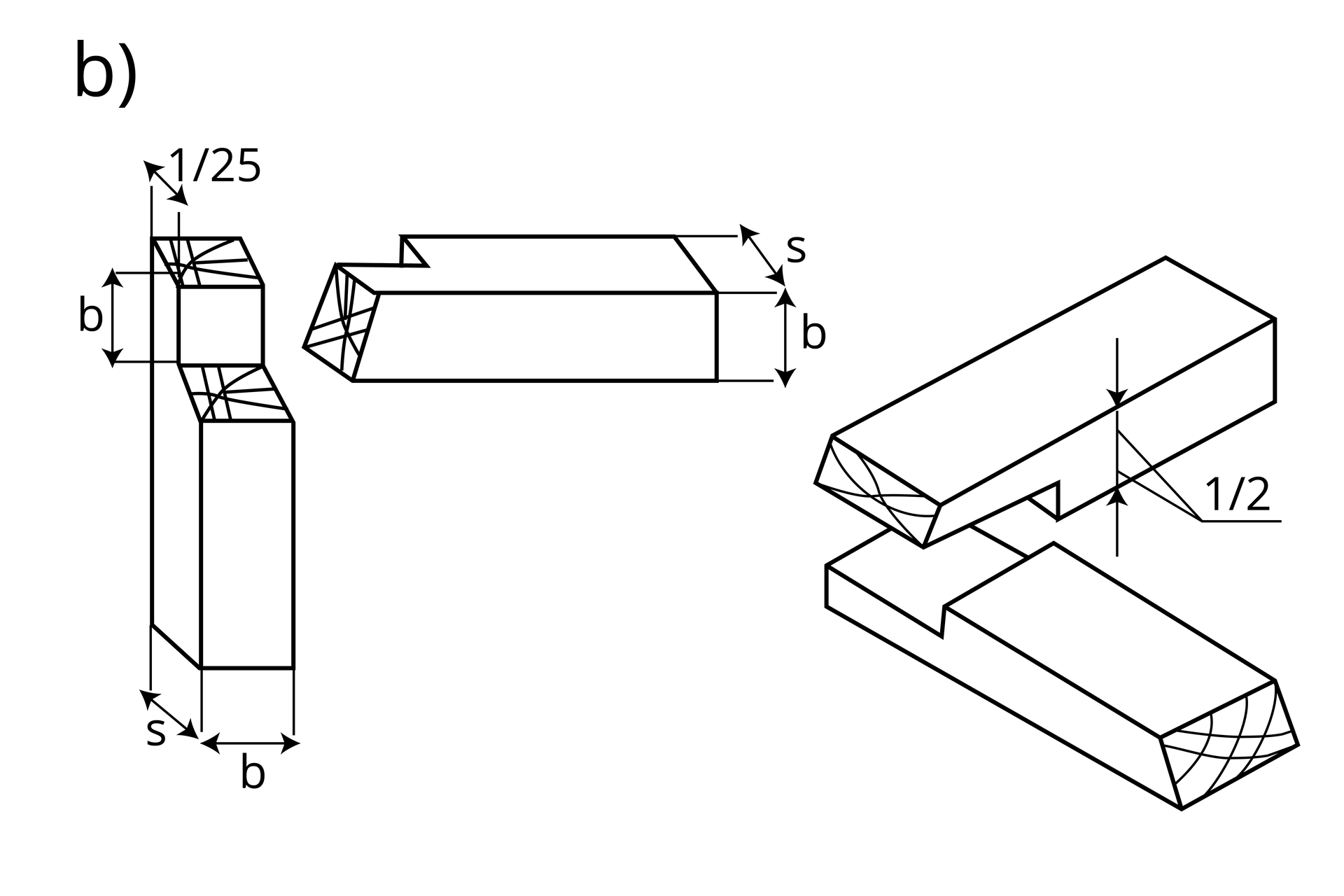 Grafika składa się z dwóch rysunków przedstawiających złącze kątowe zakładkowe ścięte. Elementy łączą się pod kątem prostym. Na pierwszym rysunku zakładki wycięte są do połowy szerokości i na całą grubość elementów. Na drugim rysunku zakładki wycięte są do połowy grubości na całą szerokość łączonych elementów. Powierzchnia wycięcia przebiega pod kątem względem osi elementów.