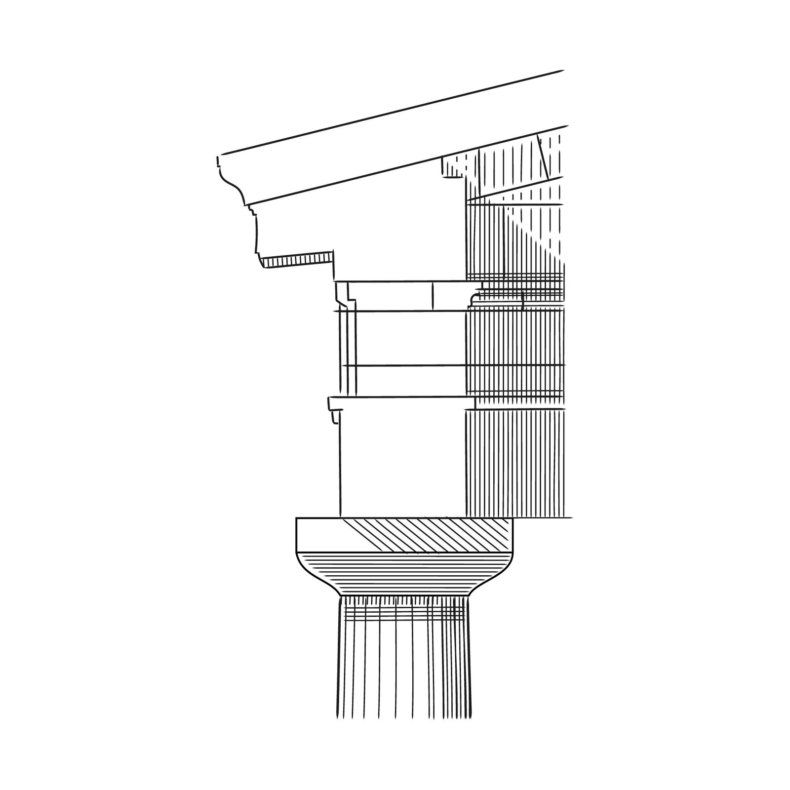 Czarno‑biała ilustracja przedstawia głowicę dorycką, na której spoczywa konstrukcja budynku. Głowica dorycka ma kształt podobny do trapezu - jego krótsza podstawa styka się z kolumną, dłuższa podstawia łączy się z cokołem, na której spoczywa konstrukcja dachowa.