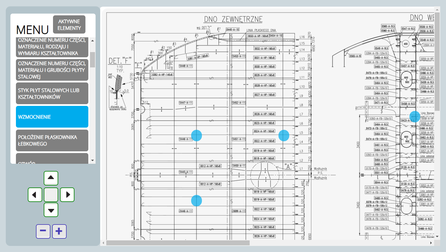 Grafika przedstawia atlas z uwidocznionym przykładowym elementem na rysunku technicznym po wyborze z menu. Wybrany w menu element to wzmocnienie. Elementy uwidaczniają się poprzez kliknięcie na ich nazwę w menu. Wzmocnienia zaznaczone są na rysunku technicznym na błękitno.