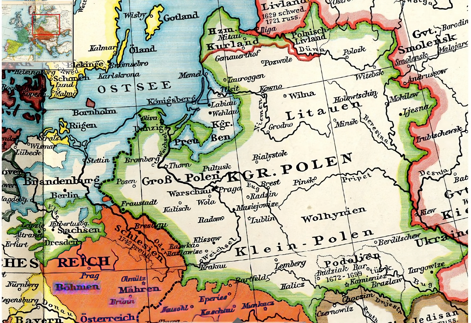 Zdjęcie przedstawia mapę unii personalnej polsko‑saskiej za czasów Wettinów. Widoczne są granice Rzeczypospolitej z lennem Kurlandii i Semigalii oraz obszar Saksonii, oddzielony od Polski przez Śląsk, będący terenem rywalizacji austriacko‑pruskiej. Z krajów ościennych jest też zaznaczona Rosja, Szwecja i Turcja. 