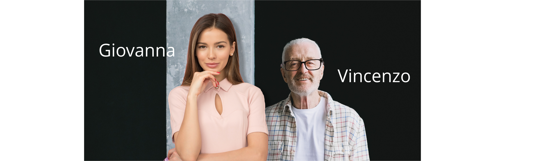 Zdjęcie przedstawia dwie osoby. Po lewej znajduje się młoda, wysoka i szczupła dziewczyna z długimi brązowymi  włosami. Obok znajduje się napis z jej imieniem: Giovanna. Po prawej stronie znajduje się starszy, niski, z krótkimi siwymi włosami mężczyzna w okularach z brodą. Obok znajduje się napis z jego imieniem: Vincenzo.