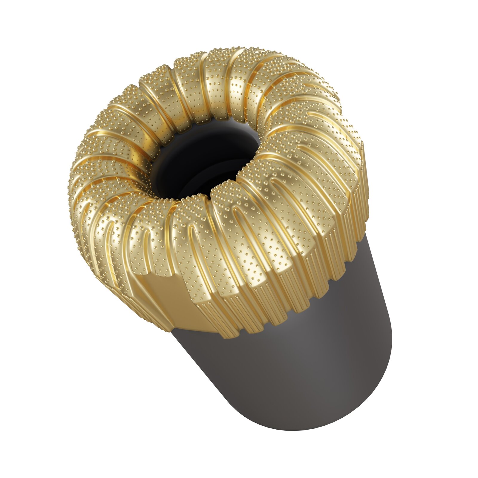 Grafika przedstawia koronkę diamentową ziarnistą. W rzucie głównym podstawę koronki stanowi czarny cylindryczny element o płaskiej powierzchni zewnętrznej. U góry podstawa łączy się ze złotą koronką, na powierzchni której znajdują się cienkie żłobienia pomiędzy wypukłymi elementami w kształcie prostokątnym. Prostokątne elementy ulegają zwężeniu w górnej części koronki. Dodatkowo nad krawędzią koronki ulegają zaokrągleniu. Na pojedynczym prostokątnym elemencie od jego podstawy do połowy jego wysokości biegną trzy wypukłe, równoległe względem siebie cienkie półcylindryczne kształty. Nad nimi w trzech rzędach pionowo do góry biegną małe wypukłe elementy o kształcie półkuli.Koronkę można podzielić na cztery segmenty. Granicę stanowi powierzchnia płaska koronki, nad którą są dwa krótkie prostokątne elementy z trzema rzędami niewielkich wypukłych półkul. W segmencie znajduje się dziesięć pełnych prostokątnych kształtów.