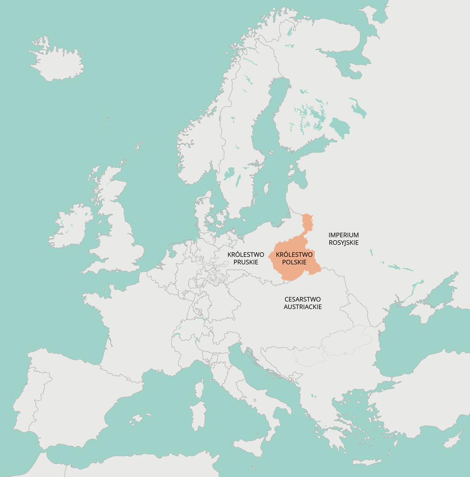 Ilustracja przedstawia mapę konturową Europy z zaznaczonym niewielkim obszarowo Królestwem Polskim, które od wschodu otacza Imperium Rosyjskie, od południa Cesarstwo Austriackie, a od zachodu Królestwo Pruskie.