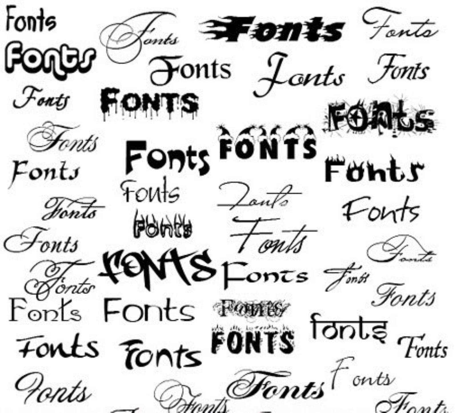 Zdjęcie przedstawia różne czcionki w napisie wyrazu "Fonts [czytaj: fants]"- czyli fonty, co oznacza właśnie kroje liter do drukowania. Tych wyrazów na kartce jest bardzo dużo, rozmieszczone są swobodnie.