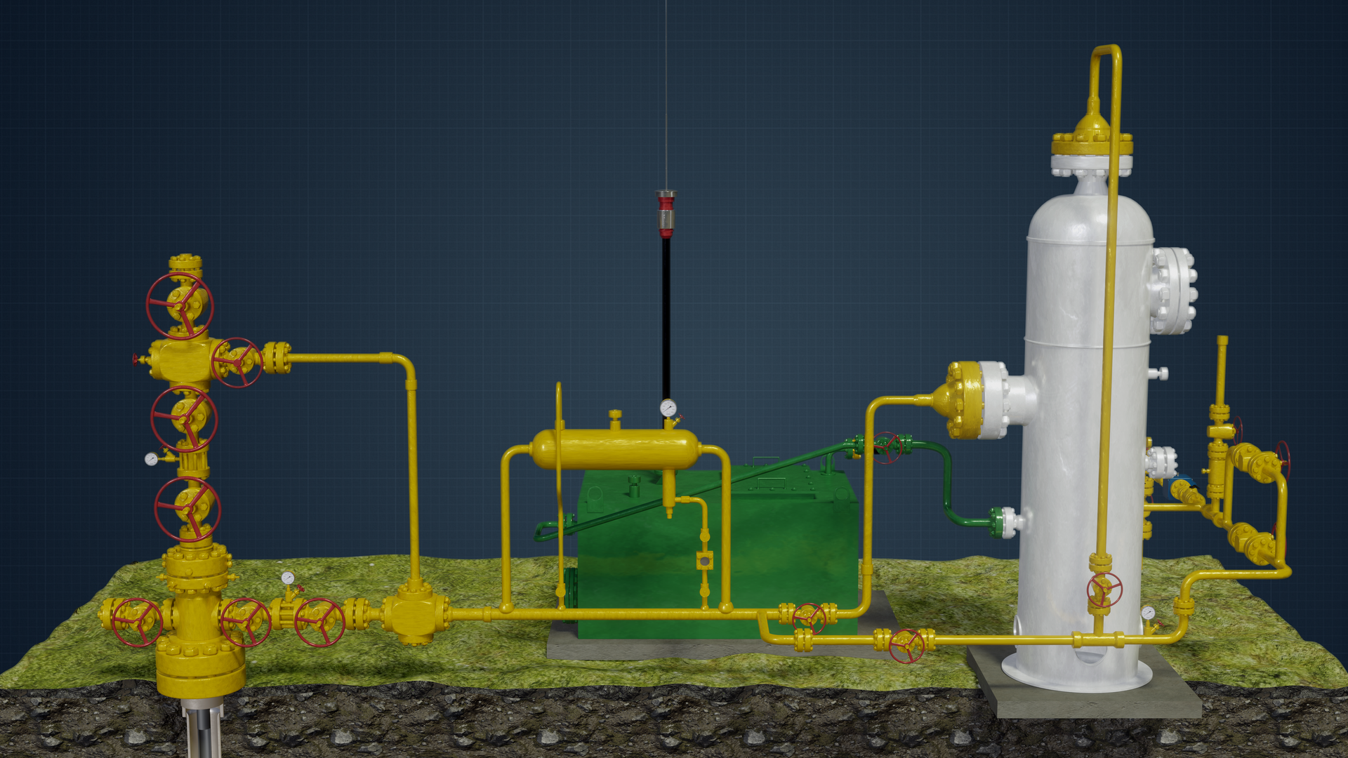Na rysunku widać animowany model głowicy eksploatacyjnej odwiertu samoczynnego wraz z rożnymi elementami infrastruktury napowierzchniowej to jest zakraplaczem metanolu, oddzielaczem dwufazowym, zbiornikiem roboczym płynu złożowego V sześć <math aria‑label=’metrów sześciennych’>m3 skrzyniowy z możliwością pomiaru poziomu płynu złożowego, który jest wyposażony w zawór depresyjno‑oddechowy z przerywaczem płomienia, oraz układ do syfonowania odwiertu. Po lewej stronie ekranu znajduje się głowica eksploatacyjna. Głowica eksploatacyjna jest to urządzenie montowane na powierzchni terenu przy wylocie odwiertu, w celu jego zamknięcia. Przedstawione urządzenie jest wykonane ze stali w kolorze żółtym. Z lewej strony ekranu widać stalową konstrukcję w kształcie walca której pionowe elementy są porozdzielane przez trzy czerwone zasuwy suwakowe. Zasuwy suwakowe to rodzaj zasuwy, który otwiera się poprzez podniesienie bariery na skutek obrotu kurka co powoduje przepływ. Nad kołnierzem pomiędzy dwoma zasuwamy znajduje się okrągłe urządzenie ze wskazówka najpewniej manometr które zamontowane jest przy zaworze zakończonym małym czerwonym kurkiem. Jest to zawór zaporowy. Pomiędzy górną, a środkową zasuwą do żółtego kołnierza przyłączona jest zasuwa suwakowa poprzedzona kołnierzem. Od niego odchodzi rura łącząca się z kołnierzem do którego przyłączony jest na dole układ żółtych stalowych śrub i zasuw łączących się z korpusem głowicy. Na dole rysunku znajduje się trzy czerwone zasuwy suwakowe. Od dolnego korpusu w prawo odchodzi cienka żółta stalowa rura do której przyłączony jest znajdujący się na górze dawkownik. Dawkownik jest to stalowe urządzenie w kształcie zaokrąglonego na końcu walca. Dawkownik wykorzystywany jest w celu chwilowego zapobieżenia powstania hydratów czyli nietrwałych związków wody w postaci ciekłej z gazem w formie korków. Dlatego na drodze pomiędzy odwiertem a separatorem. do strumienia gazu dawkowany jest metanol. Nad dawkownikiem znajduje się okrągły wskaźnik. Po prawej stronie dawkownika widać oddzielacz dwufazowy. Rozdzielacz wykorzystywany jest do rozdziału fazy gazowej od ciekłej. Z prawej strony separatora znajduje się układ rur i zaworów. Do góry oraz boku separatora biegną rury od dawkownika. U dołu separatora, w miejscu odpowiadającym jednej trzeciej jego wysokości znajduje się przyłącze zielonej rury, która biegnie do zbiornika roboczego płynu złożowego. Zbiornik ten jest w kształcie zielonej skrzyni. Na górze skrzyni znajduje się pionowa czarna rura zakończona czerwona walcowatym kształtem zaokrąglonym przy końcu.