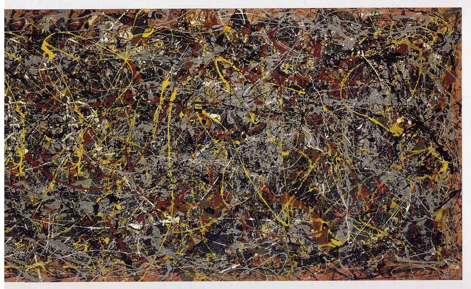 Wielokolorowy obraz wykonany techniką drippingu. Na różowawym tle artysta umieścił warstwy farby, nakładanej cienkimi strużkami. Strużki są chaotycznie porozlewane po całej powierzchni obrazu. Przebija się kolor czerwony, granatowy oraz szarobrązowy. Inne kolory to między innymi żółty, czarny, szary, biały. W niektórych miejscach pojawiły się niewielkie kropki z farby.