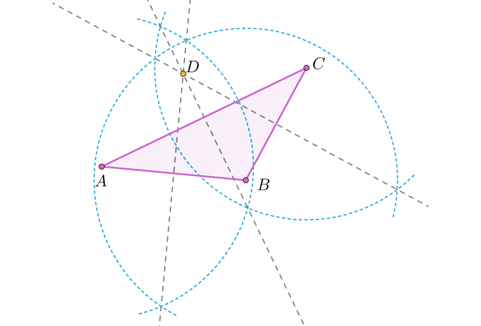 Ilustracja przedstawia trójkąt rozwartokątny A B C, przy czym kąt ABC jest kątem rozwartym. Z każdego wierzchołka narysowano łuk o takim samym promieniu. Przez wierzchołki oraz punkty przecięcia się łuków liniami przerywanymi poprowadzono proste. Punkt przecięcia się prostych zaznaczono literą D, punkt ten leży na poza obszarem trójkąta.