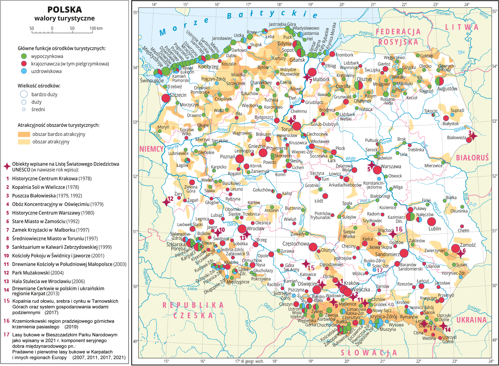 Ilustracja przedstawia mapę Polski. Na mapie przedstawiono walory turystyczne kraju. Dookoła mapy w ramce opisano współrzędne geograficzne co jeden stopień. Po lewej stronie legenda, w której opisano znaki użyte na mapie. Na górze legendy tytuł mapy: „Polska. Walory turystyczne”. Poniżej pozioma podziałka, na której jeden odcinek to pięćdziesiąt kilometrów. Główne ośrodki turystyczne podzielono na wypoczynkowe, krajoznawcze (w tym pielgrzymkowe) i uzdrowiskowe. Przedstawiono je w postaci kół w kolorze zielonym (wypoczynkowe), czerwonym (krajoznawcze) i niebieskim (uzdrowiskowe). Część z nich pełni jednocześnie kilka funkcji, więc sygnatury kół, którymi je oznaczono, są w różnych kolorach. Wielkość ośrodków zróżnicowano wielkością sygnatur – wyróżniono ośrodki bardzo duże, duże i średnie. Oprócz ośrodków (czyli miast i miejscowości atrakcyjnych turystycznie) wyróżniono również poszczególne obszary kraju – kolorem ciemnopomarańczowym zaznaczono obszary bardzo atrakcyjne, a żółtym obszary atrakcyjne turystycznie. Ostatnim punktem legendy jest lista obiektów wpisanych na Listę Światowego Dziedzictwa UNESCO (wraz z rokiem wpisu). Każdy obiekt oznaczono na mapie bordową czteroramienną gwiazdą z przyporządkowanym numerem. Numer jeden to Historyczne Centrum Krakowa (rok tysiąc dziewięćset siedemdziesiąty ósmy). Numer dwa to Kopalnia Soli w Wieliczce (rok tysiąc dziewięćset siedemdziesiąty ósmy). Numer trzy to Puszcza Białowieska (rok tysiąc dziewięćset siedemdziesiąty dziewiąty, tysiąc dziewięćset dziewięćdziesiąty drugi). Numer cztery to Obóz Koncentracyjny w Oświęcimiu (rok tysiąc dziewięćset siedemdziesiąty dziewiąty). Numer pięć to Historyczne Centrum Warszawy (rok tysiąc dziewięćset osiemdziesiąty). Numer sześć to Stare Miasto w Zamościu (rok tysiąc dziewięćset dziewięćdziesiąty drugi). Numer siedem to Zamek Krzyżacki w Malborku (rok tysiąc dziewięćset dziewięćdziesiąty siódmy). Numer osiem to Średniowieczne Miasto w Toruniu (rok tysiąc dziewięćset dziewięćdziesiąty siódmy). Numer dziewięć to Sanktuarium w Kalwarii Zebrzydowskiej (rok tysiąc dziewięćset dziewięćdziesiąty dziewiąty). Numer dziesięć to Kościoły Pokoju w Świdnicy i Jaworze (rok dwa tysiące pierwszy). Numer jedenaście to Drewniane Kościoły w Południowej Małopolsce (rok dwa tysiące trzeci). Numer dwanaście to Park Mużakowski (rok dwa tysiące czwarty). Numer trzynaście to Hala Stulecia we Wrocławiu (rok dwa tysiące szósty). Numer czternaście to Drewniane Cerkwie w polskim i ukraińskim regionie Karpat (rok dwa tysiące trzynasty). Numer piętnaście to Kopalnia rud ołowiu, srebra i cynku w Tarnowskich Górach oraz system gospodarowania zwodami podziemnymi (rok dwa tysiące siedemnasty). Numer szesnaście to Krzemieniowski region pradziejowego górnictwa krzemienia pasiastego (rok dwa tysiące dziewiętnasty). numer siedemnaście to lasy bukowe w Bieszczadzkim Parku Narodowym jako wpisany w roku dwa tysiące dwudziestym pierwszym komponent seryjnego dobra międzynarodowego pod nazwą „pradawne i pierwotne lasy bukowe w Karpatach i innych regionach Europy” (rok 2007, 2011, 2017, 2021). 
Wzdłuż linii brzegowej leży wiele ośrodków pełniących funkcję wypoczynkową. Są to: Świnoujście, Międzyzdroje, Międzywodzie, Dziwnów, Dziwnówek, Kamień Pomorski, Łukęcin, Rewal, Pobierowo, Pustkowo, Pogorzelica, Mrzeżyno, Dźwirzyno, Sianorzęty, Ustronie Morskie, Sarbinowo, Mielno, Dąbki, Darłowo, Jarosławiec, Ustka, Rowy, Łeba, Jastrzębia Góra, Władysławowo, Puck, Jastarnia, Hel, Gdynia, Sopot, Gdańsk, Jantar, Stegna, Kąty Rybackie, Krynica Morska, Frombork. Międzywodzie, Sianorzęty, Sarbinowo, Puck, Hel i Kąty Rybackie są ośrodkami średniej wielkości. Gdańsk, Gdynia, Sopot, Kołobrzeg, Międzyzdroje i Świnoujście to ośrodki bardzo duże. Pozostałe z dotychczas wyliczonych są sklasyfikowane jako duże ośrodki. Frombork pełni funkcję krajoznawczą, wszystkie pozostałe spełniają funkcję wypoczynkową. Niektóre z ośrodków pełnią również dodatkowe funkcje – Świnoujście, Kamień Pomorski, Kołobrzeg, Łeba (dodatkowo funkcja uzdrowiskowa i krajoznawcza); Rewal, Dźwirzyno, Ustka, Jastarnia, Krynica Morska (dodatkowo funkcja uzdrowiskowa); Gdynia, Gdańsk (dodatkowo funkcja krajoznawcza). Obszar linii wybrzeża został sklasyfikowany jako bardzo atrakcyjny turystycznie i oznaczony kolorem ciemnopomarańczowym. Na terenie Pojezierza Pomorskiego i Pradoliny Toruńsko‑Eberswaldzkiej największymi ośrodkami turystycznymi są Szczecin, Toruń i Malbork – pełnią funkcję krajoznawczą i sklasyfikowano je jako bardzo duże. Dużym krajoznawczym ośrodkiem na tym terenie jest Bydgoszcz i Grunwald. Na obszarze leżą liczne ośrodki średniej wielkości, które pełnią funkcję wypoczynkową. Od zachodu są to: Moryń, Trzebież, Morzyczyn, Długie, Drawno, Drawsko Pomorskie, Wałcz, Czaplinek, Szczecinek, Miastko, Więcbork, Człuchów, Charzykowy, Bytów, Kartuzy, Wdzydze Kiszewskie, Tuchola, Koronowo, Nowe, Tleń, Iława, Lidzbark Welski, Ostróda, Kretowiny. Średnie ośrodki o charakterze krajoznawczym to (od zachodu): Gorzów Wielkopolski, Koszalin, Piła, Słupsk, Czersk, Chełmno, Grudziądz, Golub‑Dobrzyń, Brodnica, Elbląg. Połczyn‑Zdrój sklasyfikowano jako średni ośrodek o charakterze uzdrowiskowym. Na terenie Pojezierza Mazurskiego największymi ośrodkami (zostały sklasyfikowane jako bardzo duże) są Olsztyn i Augustów. Oba pełnią funkcję wypoczynkową i krajoznawczą. Lidzbark Warmiński, Święta Lipka i Gierłoż pełnią funkcję krajoznawczą. Dwie pierwsze miejscowości sklasyfikowano jako ośrodki średniej wielkości, Gierłoż jako ośrodek duży. Pozostałe wyszczególnione ośrodki na terenie Pojezierza Mazurskiego pełnią funkcję wypoczynkową. Od zachodu są to: Olsztynek, Nidzica, Pasym, Ruciane‑Nida, Mrągowo, Pisz, Mikołajki, Wilkasy, Węgorzewo, Giżycko, Kocioł, Ełk, Gołdap, Olecko, Rajgród, Gawrych‑Ruda. Giżycko i Ruciane‑Nida sklasyfikowano jako ośrodki duże, pozostałe jako ośrodki średnie. W przybliżeniu połowa obszaru Pojezierza Pomorskiego oraz Mazurskiego została oznaczona jako atrakcyjna lub bardzo atrakcyjna turystycznie. Dotyczy to terenów w dolinach rzek oraz wokół jezior. Obszary oznaczone jako bardzo atrakcyjne leżą na terenie największych atrakcji regionów, na przykład wokół największych jezior mazurskich, na Kaszubach, na Pojezierzu Drawskim i Bytowskim. Na obszarze rozciągającym się od doliny Waty i Noteci na północy, Niziny Mazowieckiej na Wschodzie i wzdłuż doliny Odry na południowym zachodzie do pasa wyżyn największymi ośrodkami turystycznymi są pełniące funkcję krajoznawczą Poznań, Gniezno i Wrocław. Duże ośrodki o tej samej funkcji to również (od zachodu) Zielona Góra, Kórnik, Brzeg, Opole, Biskupin, Kalisz, Licheń, Włocławek. Łagów i Ciechocinek są ośrodkami o podobnej wielkości, jednak dodatkowo spełniają funkcję uzdrowiskową i wypoczynkową. Średnimi ośrodkami spełniającymi funkcję krajoznawczą są (od zachodu): Głogów, Lubiąż, Leszno, Rydzyna, Rogalin, Trzebnica, Oleśnica, Lednogóra, Konin, Kruszwica, Wieluń. Ośrodkiem średniej wielkości o funkcji uzdrowiskowej jest Wieniec‑Zdrój. Na obszarze jest szereg średnich ośrodków o funkcji wypoczynkowej, są to (od zachodu): Lubniewice, Głębokie, Mierzyn, Sława, Wieleń, Karpicko, Sieraków, Boszkowo, Oborniki Śląskie, Karłów, Zaniemyśl, Wągrowiec, Antonin, Powidz, Skorzęcin, Przyjezierze, Turawa, Ślesin, Burzenin. Inowrocław zalicza się do ośrodków średniej wielkości, pełni jednak oprócz wypoczynkowej dodatkowo funkcję krajoznawczą i uzdrowiskową. Wokół wymienionych ośrodków o średniej, dużej i bardzo dużej wielkości wyznaczono również obszary atrakcyjne turystycznie. Jako bardzo atrakcyjne oznaczono obszary leżące w okolicach Biskupina, Gniezna, Inowrocławia, Kruszwicy, Łagowa, Głębokiego i Sierakowa. Na rozległym obszarze Niziny Mazowieckiej największym ośrodkiem turystycznym jest Warszawa, spełniająca funkcję krajoznawczą. Duże ośrodki o tej samej funkcji to również Łódź, Płock, Arkadia/Nieborów, Żelazowa Wola. Do średnich ośrodków krajoznawczych zalicza się Łęczycę, Tum, Piotrków Trybunalski, Łowicz, Radom i Treblinkę. Pułtusk dodatkowo spełnia funkcję wypoczynkową. Pozostałe wyszczególnione ośrodki są średniej wielkości i pełnią funkcję wypoczynkową. Od zachodu są to: Grotniki, Soczewka, Łąck, Sulejów, Spała, Białobrzegi, Jadwisin, Serock, Otwock, Wilga, Kozienice, Urle, Brok. Konstancin‑Jeziorna to średni ośrodek o funkcji uzdrowiskowej. Jako bardzo atrakcyjny turystycznie uznano region od Włocławka do Płocka, u zbiegu Narwi i Bugu oraz w okolicach Sulejowa. Na Podlasiu największymi ośrodkami turystycznymi są Białowieża i Białystok, oba sklasyfikowane jako duże o funkcji krajoznawczej. Funkcję krajoznawczą oraz wypoczynkową pełni Tykocin, ośrodek o średniej wielkości. W tym samym przedziale wielkości mieści się leżący nieco na zachód Supraśl, który spełnia funkcję uzdrowiskową (wokół niego rozpościera się teren oznaczony jako obszar atrakcyjny turystycznie). Idąc na południe, wyznaczono jeszcze kilka średnich ośrodków o charakterze wypoczynkowym: Mierzwice (z wyróżnionym obszarem atrakcyjnym turystycznie), Białka, Firlej, Okuninka. Na obszarze wyznaczonym na północy przez Nizinę Mazowiecką i Podlasie, na zachodzie przez Nizinę Wielkopolską i Śląską, a na południu przez Pogórze Karpackie występuje wiele bardzo dużych ośrodków o charakterze krajoznawczym. Są to: Oświęcim, Częstochowa, Kraków, Wieliczka, Sandomierz, Lublin i Zamość. Bardzo dużym ośrodkiem jest również Kazimierz Dolny, który dodatkowo spełnia funkcję wypoczynkową. Wyszczególnione duże ośrodki to: Ojców, Kielce, Baranów Sandomierski, Puławy, Łańcut oraz Nałęczów, który pełni również funkcję uzdrowiskową. Średnie ośrodki krajoznawcze to: Racibórz, Góra Świętej Anny, Pszczyna, Katowice, Olsztyn, Ogrodzieniec, Jędrzejów, Chęciny, Wiślica, Tarnów, Szydłowiec, Wąchock, Nowa Słupia, Opatów, Rzeszów, Ulanów, Jarosław, Chełm. Wyszczególnione średnie ośrodki wypoczynkowe: Kamień, Zawady, Sielpia Wielka, Zaklinów, Zwierzyniec, Susiec. Średnie ośrodki uzdrowiskowe: Jastrzębie‑Zdrój, Busko‑Zdrój, Solec‑Zdrój, Horyniec‑Zdrój. Od Częstochowy do Zamościa łukiem rozciągają się obszary wyszczególnione ze względu na atrakcyjność turystyczną. Rejon Gór Świętokrzyskich i okolice Zwierzyńca zostały oznaczone jako bardzo atrakcyjne kolorem ciemnopomarańczowym. Na południu rozpościera się Pogórze Karpackie i Karpaty. Niemal cały ten obszar został oznaczony jako atrakcyjny lub bardzo atrakcyjny turystycznie (jedynie wschodnie tereny Pogórza Karpackiego oznaczone są kolorem żółtym, pozostałe tereny – kolorem ciemnopomarańczowym). Największe ośrodki (sklasyfikowane jako bardzo duże) to Zakopane (o funkcji wypoczynkowej i krajoznawczej) oraz Krynica‑Zdrój (pełniąca funkcję wypoczynkową i uzdrowiskową). Duże ośrodki krajoznawcze na tym terenie to (od zachodu): Cieszyn, Bielsko‑Biała, Czorsztyn, Nowy Sącz, Przemyśl. Średnie ośrodki o funkcji krajoznawczej: Wadowice, Chochołów, Krosno, Sanok, Cisna, Wetlina, Krasiczyn, Ustrzyki Górne. Duże ośrodki o funkcji krajoznawczej i wypoczynkowej: Wisła, Szczyrk, Żywiec, Kościelisko. Zawoja i Bukowina Tatrzańska to duże ośrodki wypoczynkowe. Średnie ośrodki o funkcji wypoczynkowej: Istebna, Węgierska Górka, Korbielów, Białka, Myślenice, Limanowa, Czchów, Gródek nad Dunajcem, Lesko, Solina, Ustrzyki Dolne. Duże ośrodki o charakterze wypoczynkowo‑uzdrowiskowym to: Ustroń, Rabka‑Zdrój, Szczawnica, Muszyna, Iwonicz‑Zdrój. Średnie ośrodki uzdrowiskowe: Piwniczna‑Zdrój, Żegiestów‑Zdrój, Wysowa, Rymanów. Na obszarze Sudetów bardzo dużymi ośrodkami o charakterze wypoczynkowo‑krajoznawczym są Szklarska Poręba i Karpacz. Sudety wraz z Pogórzem Zachodniosudeckim i Przedgórzem Sudeckim posiadają wiele ośrodków o charakterze krajoznawczym. Duże ośrodki to: Lwówek Śląski, Legnica, Świdnica, Kłodzko i Nysa. Średnie ośrodki krajoznawcze: Żary, Żagań, Jawor, Krzeszów, Sobótka, Ząbkowice Śląskie. Duże ośrodki o charakterze wypoczynkowo‑krajoznawczo‑uzdrowiskowym: Bolków, Kudowa‑Zdrój, Duszniki‑Zdrój, Polanica‑Zdrój, Lądek‑Zdrój. Średni ośrodek o takim charakterze: Szczawno‑Zdrój. Średnie ośrodki wypoczynkowe: Piechowice, Międzygórze, Otmuchów, Głuchołazy, Pokrzywna. Kowary to ośrodek średniej wielkości o charakterze wypoczynkowo‑krajoznawczym. Świeradów‑Zdrój to duży ośrodek krajoznawczo‑uzdrowiskowy. Jedlina‑Zdrój i Długopole‑Zdrój to średniej wielkości ośrodki uzdrowiskowe. Kolorem ciemnopomarańczowym oznaczającym obszar bardzo atrakcyjny turystycznie oznaczono Karpaty, a żółtym obszary przylegające do nich na północy.