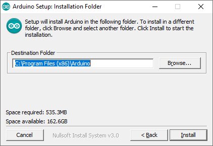 Zdjęcie przedstawia okno instalowania folderu. W ramce Destination Folder wybrano C:\Program Files (x86)\Arduino. Do wyboru są przyciski: Cancel, Back, Install. Wybrano Install. 