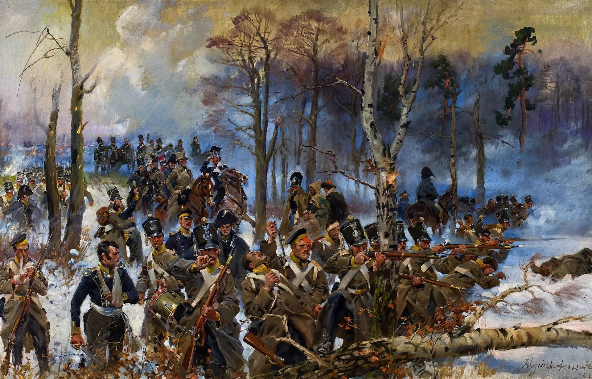 Obraz przedstawia bitwę pod Olszynką Grochowską, którą stoczyły polskie i rosyjskie wojska w 1831 roku. W zimowej scenerii, pomiędzy drzewami widać dużą grupę rosyjskich żołnierzy. Celują oni z karabinów w kierunku polskiego wojska. Pomiędzy żołnierzami jeżdżą konno dowódcy.