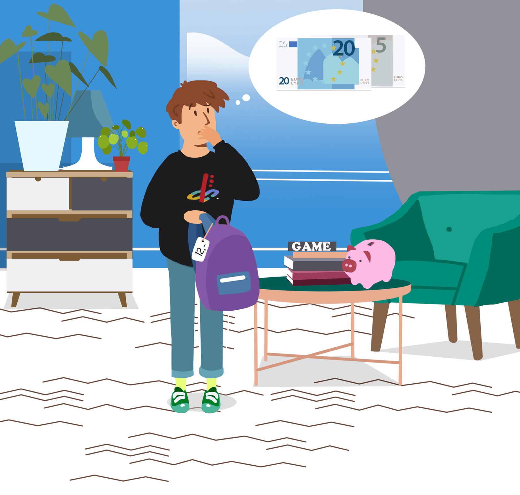 Ilustracja przedstawia chłopca stojącego pośrodku pokoju. W otoczeniu można zauważyć komodę z kwiatami w doniczkach oraz lampą. Obok znajduje się stolik kawowy z książkami, grą i skarbonką w kształcie świnki. W dalszej części pokoju znajduje się fotel. Chłopiec stoi, trzymając w ręku plecak i zamyślony. Na plecaku widoczna jest metka z numerem 12. W chmurce dialogowej widoczne są banknoty o nominałach 20 i 5 euro.
