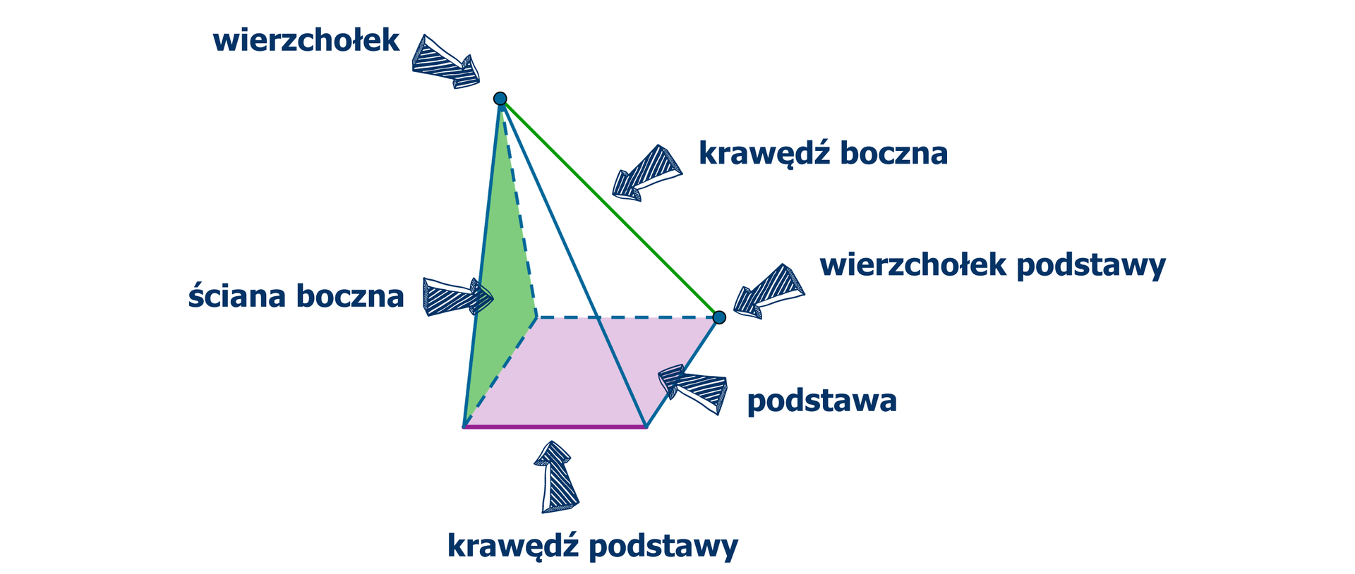 Rysunek ostrosłupa. Zaznaczono strzałkami podstawę, krawędź boczną, ścianę boczną, wierzchołek ostrosłupa, wierzchołek podstawy i krawędź podstawy.