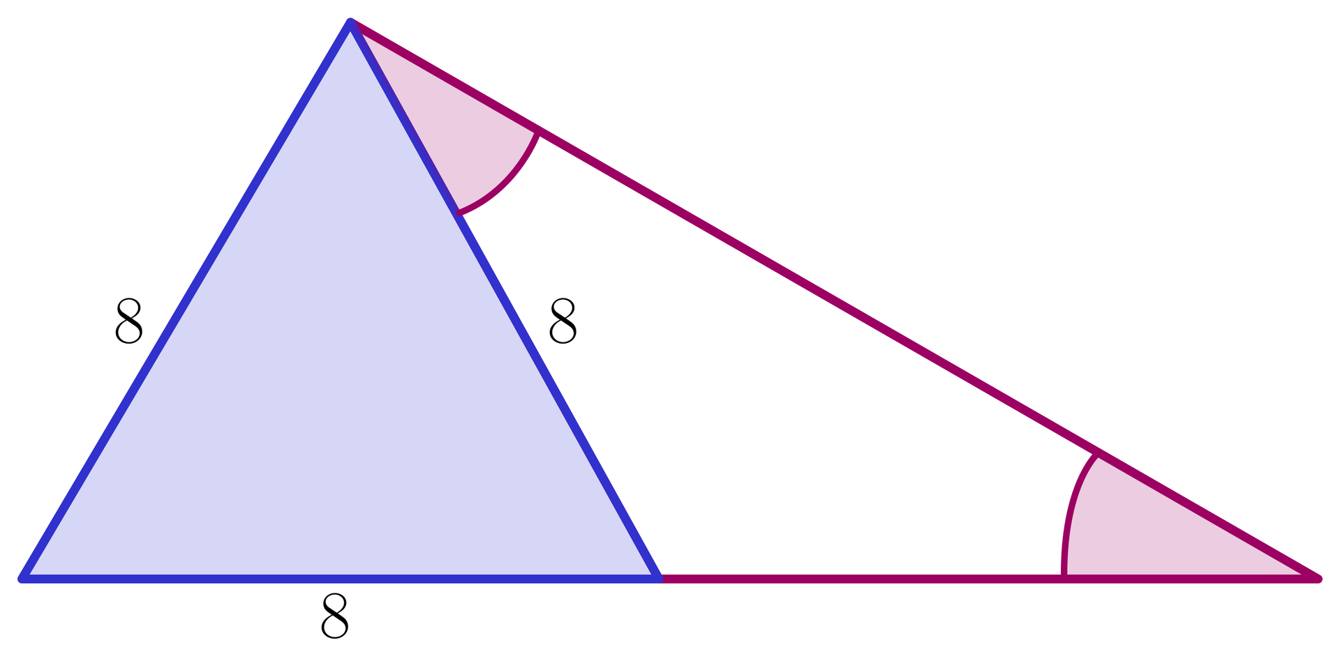 Ilustracja przedstawia trójkąt, który składa się z dwóch trójkątów: niebieskiego równobocznego, którego boki mają długość 8 i fioletowego, który ma jeden bok wspólny z z trójkątem równobocznym. Kąty ostre w fioletowym trójkącie zaznaczono tym samym kolorem.