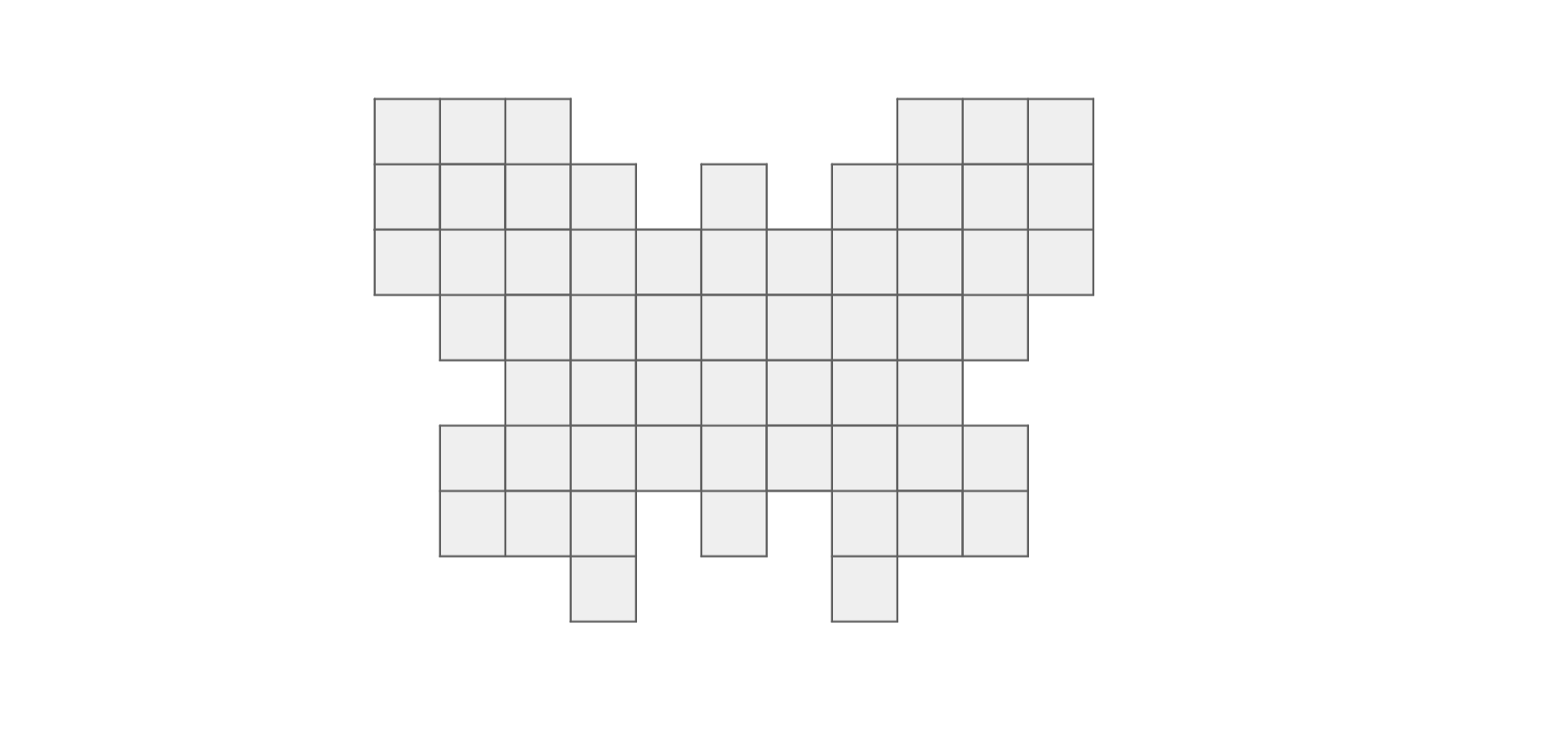 Rysunek przedstawia figurę złożoną z 60 małych kwadratów pentomina, przypominającą motyla.