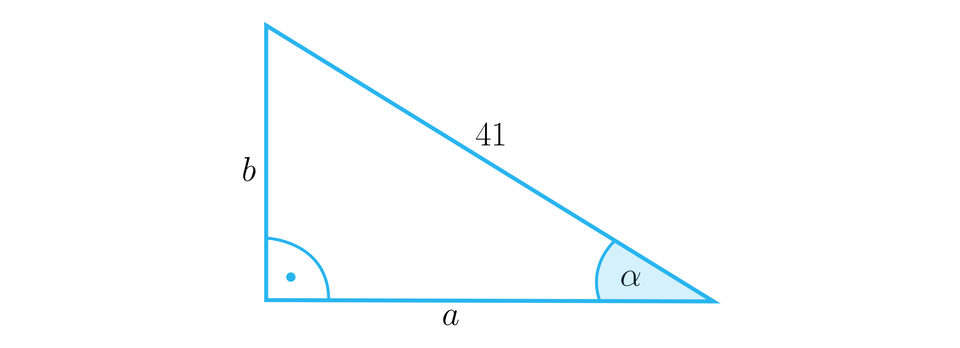 Rysunek przedstawia trójkąt prostokątny o podstawie a, pionowej przyprostokątnej b oraz o przeciwprostokątnej o długości czterdzieści jeden. Zaznaczono także dwa kąty wewnętrzne trójkąta. Kąt prosty między bokami a i b oraz kąt alfa między bokami a i c.