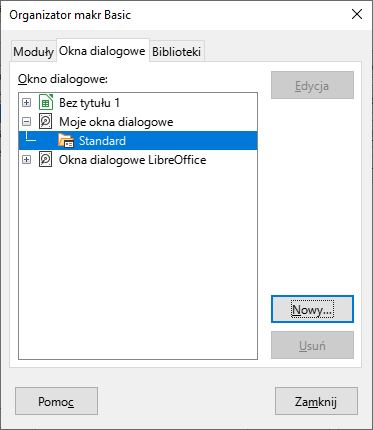 Ilustracja przedstawia okno dialogowe zatytułowane: Organizator makr Basic. Wybrano zakładkę: okna dialogowe, a następnie Standard. Zastosowano przycisk: Nowy...