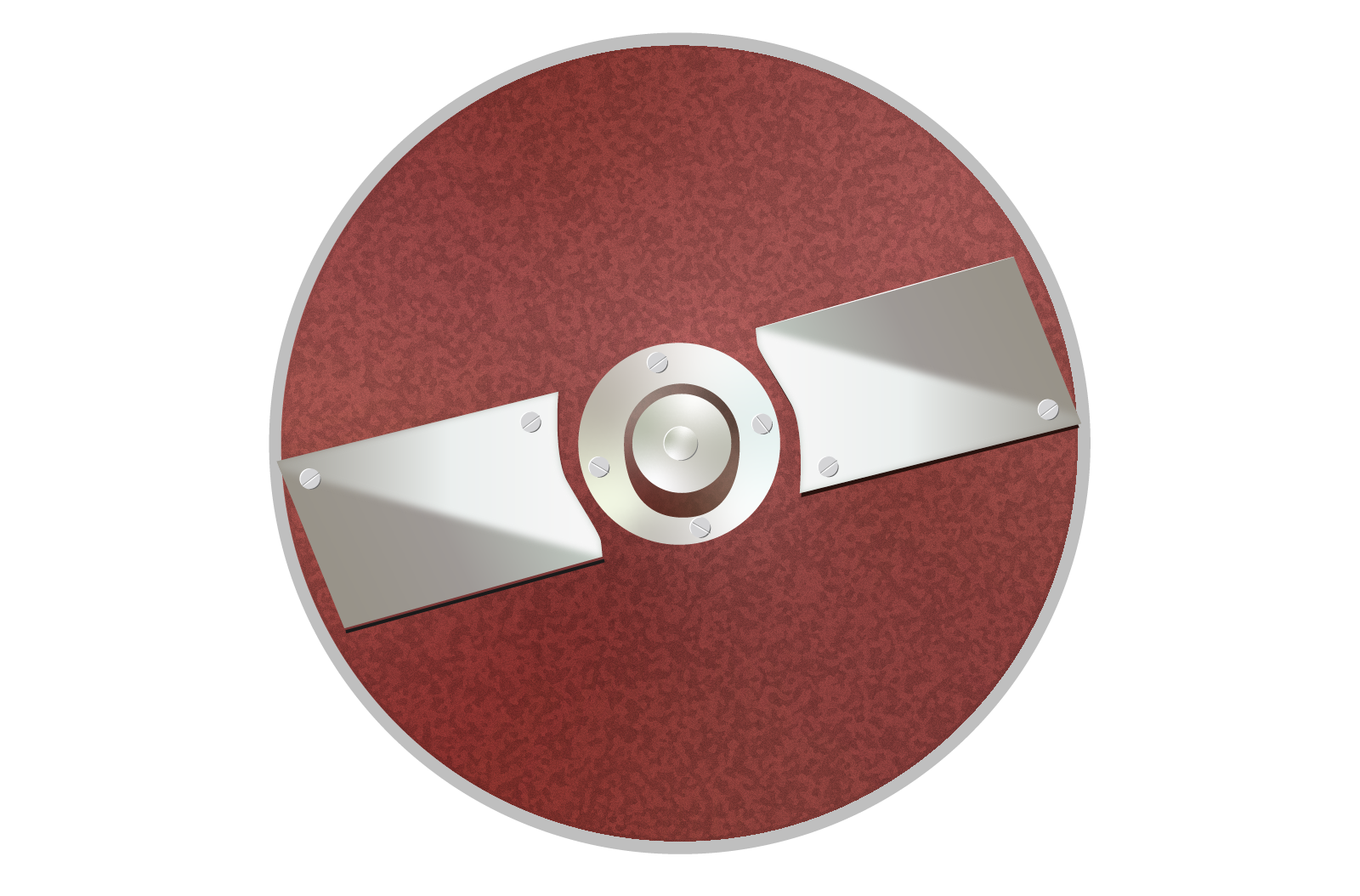 Zdjęcie przedstawia tarczę cierną/talerz ścierny. Widoczna jest okrągła tarcza, której powierzchnia pokryta jest kolorem brązowym z drobnymi plamkami, co symbolizuje powierzchnię ścierającą. Pośrodku znajduje się okrągły metalowy element, od którego odchodzą dwa metalowe ostrza.