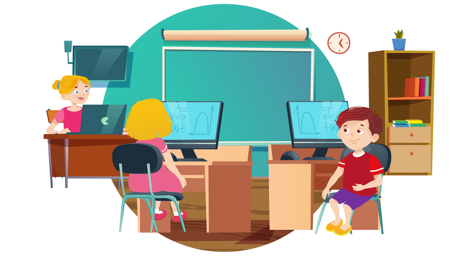 Ilustracja przedstawia klasę szkolną. W tle widać turkusową ścianę, na środku której wisi duża zielona tablica. Nad tablicą jest zwinięty beżowy ekran. Po lewej stronie wisi płaski telewizor, a pod nim stoi brązowe biurko. Na biurku stoi otwarty laptop. Obok znajduje się krzesło, na którym siedzi nauczycielka. Ma blond włosy upięte w kok i jest ubrana w ciemnoróżową bluzkę z krótkimi rękawami. Na jej prawym nadgarstku widać zegarek. Kobieta patrzy na ekran laptopa. Po prawej stronie ilustracji, obok tablicy, wisi na ścianie okrągły brązowy zegar ze wskazówkami. Poniżej stoi wysoki brązowy regał z dwiema półkami i dwiema szufladami. Na półkach znajduje się kilka książek. Na samej górze regału stoi niewielka zielona roślina w niebieskiej donicy. Na pierwszym planie znajdują się dwa jasnobrązowe biurka. Na każdym z nich stoi monitor komputera, na którym wyświetlają się wykresy i działania matematyczne. Przy biurku znajdującym się po lewej stronie siedzi na krześle, widoczna tyłem, blondwłosa dziewczynka. Jest ubrana w jasnoróżową sukienkę z krótkimi rękawami, białe skarpetki i ciemnoróżowe buty. Patrzy na to, co wyświetla się na ekranie monitora. Przy biurku znajdującym się po prawej stronie siedzi na krześle, widoczny bokiem, brązowowłosy chłopiec. Jest ubrany w czerwoną koszulkę z krótkimi rękawami, krótkie fioletowe spodnie i pomarańczowe buty z żółtymi podeszwami. Patrzy na nauczycielkę.