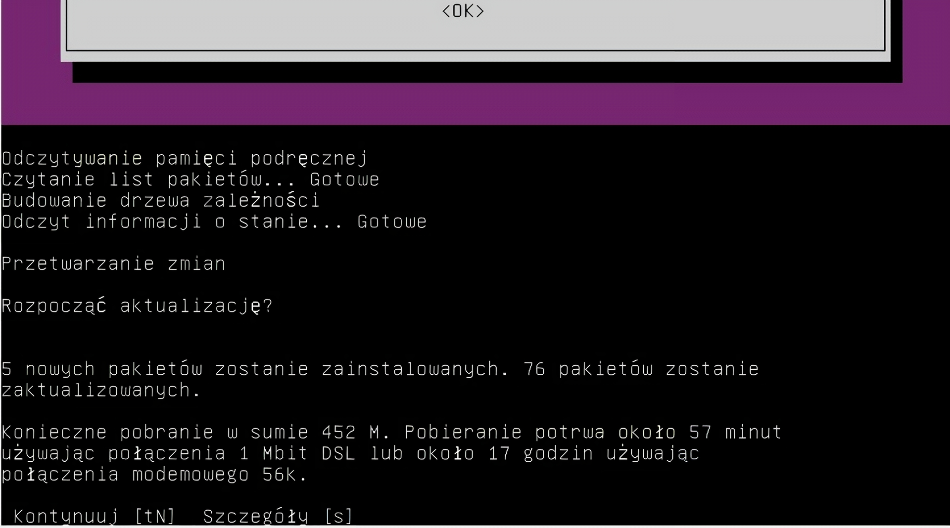 Ilustracja przedstawia fragment okna terminala w systemie Linux Ubuntu. Następuje proces aktualizacji, w trakcie którego 5 nowych pakietów zostanie zainstalowanych i 76 pakietów zostanie zaktualizowanych. Terminal oczekuje wejścia od użytkownika w celu zatwierdzenia operacji.