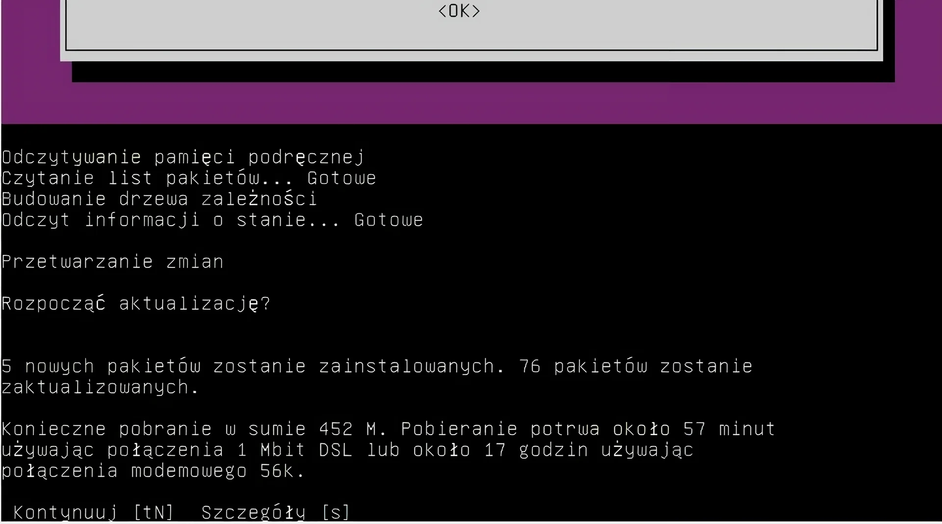 Ilustracja przedstawia fragment okna terminala w systemie Linux Ubuntu. Następuje proces aktualizacji, w trakcie którego 5 nowych pakietów zostanie zainstalowanych i 76 pakietów zostanie zaktualizowanych. Terminal oczekuje wejścia od użytkownika w celu zatwierdzenia operacji.