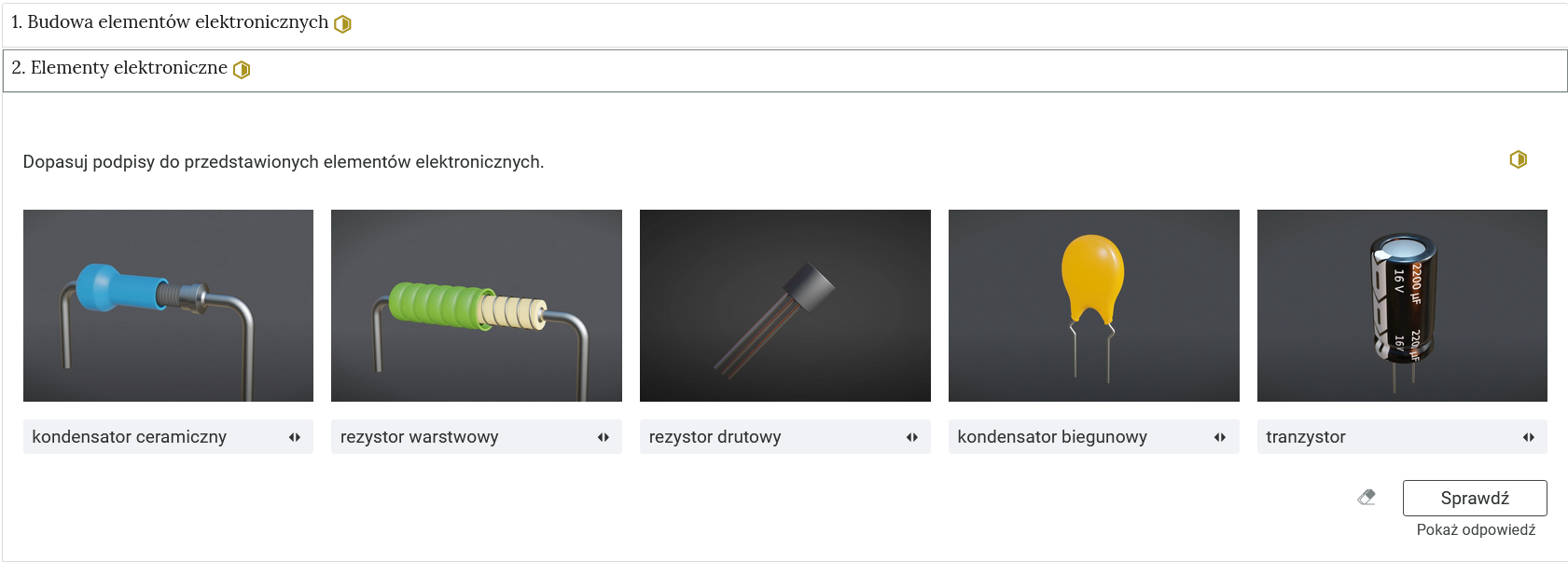 Grafika przedstawia wygląd przykładowego zadania. Na górze panelu znajduje się polecenie. Poniżej kilka grafik, do których należy przyporządkować podpisy znajdujące się niżej. Na dole znajduje się przycisk Sprawdź. Obok widoczny jest piktogram gumki do zmazywania. Pod przyciskiem sprawdź widoczny jest napis: Pokaż odpowiedź.