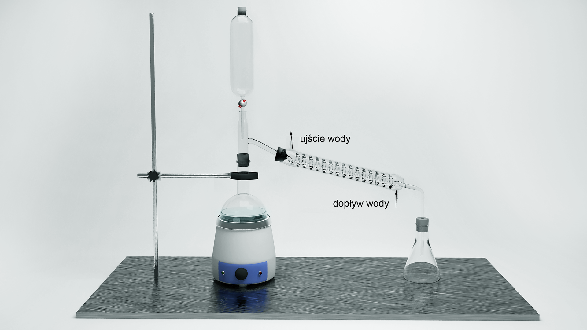 Ilustracja przedstawia następujący zestaw laboratoryjny. W łapie umieszczono kolbę okrągłodenną znajdującą się w płaszczu grzejnym, którą umocowano do statywu. W szyjkę kolby włożono nasadkę do destylacji prostej, w której umieszczono wkraplacz, zaś w bocznym szlifie nasadki - chłodnicę wodną, usytuowaną po skosie w dół względem blatu laboratoryjnego. Koniec chłodnicy wyposażony jest w przedlużacz do destylacji, który to łączy chłodnicę z kolbą stożkową pełniącą tutaj rolę odbieralnika. Zaznaczono dopływ wody do chłodnicy u jej dołu, a ujście u góry.