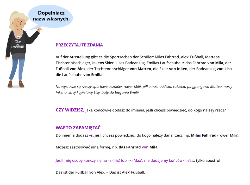 Ilustracja zawiera poradę językową.
Grafika przedstawia dziewczynkę w czarnej bluzie z napisem Tipp zur Grammatik. W chmurce widoczny jest napis "Dopełniacz nazw własnych".
Pozostałą część ilustracji stanowi tekst, którego treść wyświetla się w trybie dostępności.