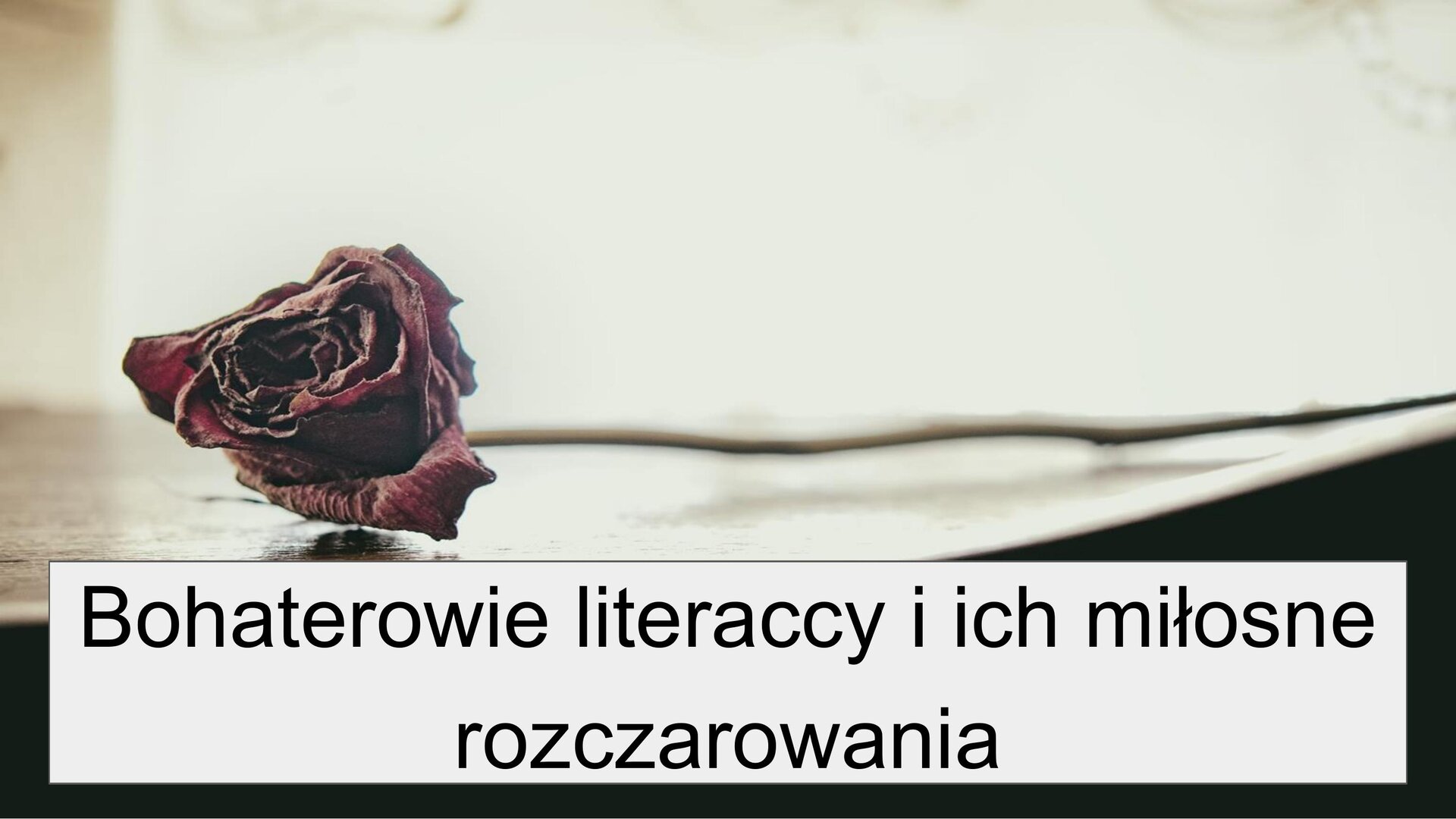 Na zdjęciu znajduje się ususzona czerwona róża, która leży na brzegu stołu. Tło jest białe. W dolnej części zdjęcia znajduje się tekst: „Bohaterowie literaccy i ich miłosne rozczarowania”.