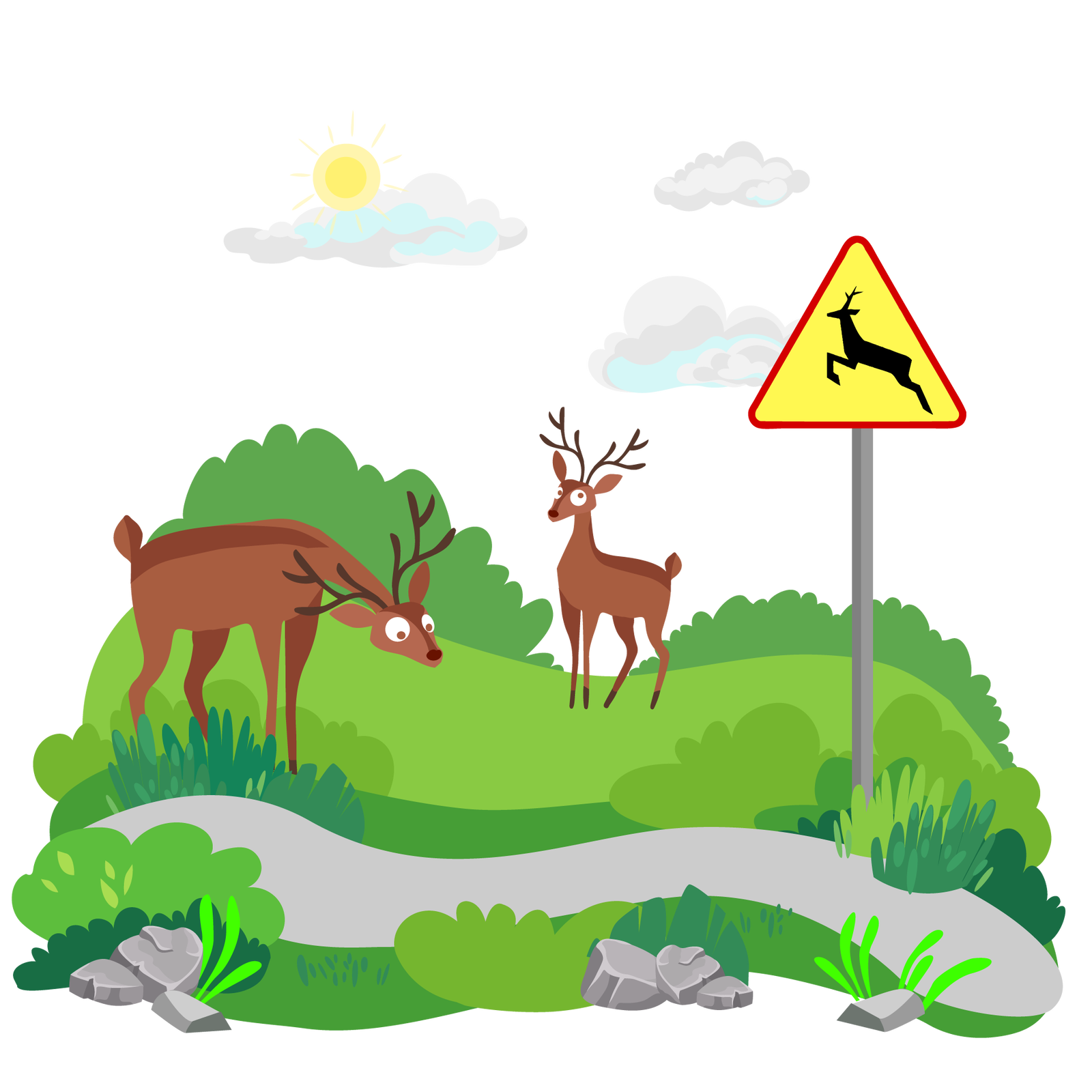Ilustracja przedstawia pagórkowaty teren porośnięty zielenią. W tle widać jasne niebo ze słońcem i chmurami. Na pierwszym planie, w poprzek ilustracji, biegnie szara droga. Po prawej stronie stoi przy drodze znak przedstawiający czarnego jelenia w biegu na trójkątnym żółtym tle w czerwonej ramce. Ostrzega przed znajdującymi się w pobliżu zwierzętami leśnymi. Na lewo od znaku stoją na polance dwa duże brązowe jelenie.