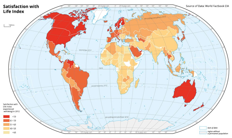 Ilustracja przedstawia mapę świata. - Satisfaction with life index. Na mapie  przedstawiono zadowolenie z życia w poszczególnych państwach w dwa tysiące dwunastym roku. Bardzo duże zadowolenie z życia i występuje w Ameryce Północnej, Skandynawii, kilku państwach w zachodniej części Europy, Kostaryce, Wenezueli i Australii.  Duże zadowolenie z życia i występuje w Meksyku, przeważającej części Ameryki Południowej i Europie Zachodniej, Tajlandii, Arabii Saudyjskiej i Uzbekistanie. Środkowy przedział zadowolenia z życia i obejmuje większość krajów środkowoeuropejskich i północną część Azji. Najniższe zadowolenie z życia występują m.in. na przeważającym terenie Afryki, ponadto w Mongolii, Chinach, Iranie, Afganistanie, Indiach, Nepalu, Bangladeszu.Mapa pokryta jest równoleżnikami i południkami. Dookoła mapy w  ramce opisano współrzędne geograficzne co dwadzieścia stopni.Na dole mapy narysowano legendę mapy. 