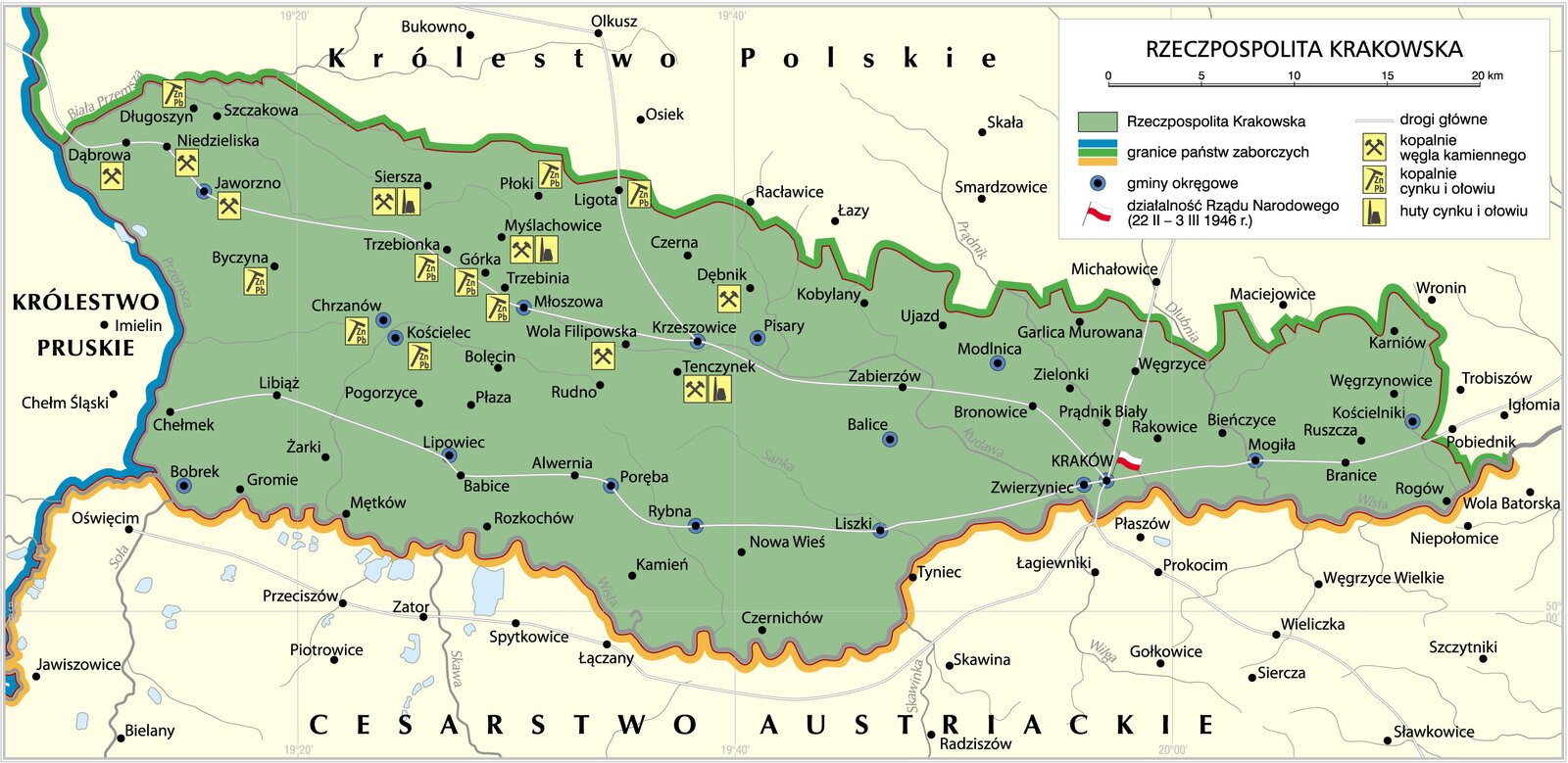 Kliknij żeby powiększyć Na mapie Rzeczpospolita Krakowska z zaznaczonymi Hutami cynku i ołowiu: Chrzanów, Byczyna, Kościelec, Trzebinia, Górka , kopalniami tych surowców oraz kopalniami węgla kamiennego: Długoszyn, Dąbrowa, Niedzieliska, Jaworzno, Tenczynek, Dębnik, Myślachowice, Siersza.