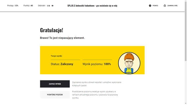 Przykładowe podsumowanie danego etapu gry