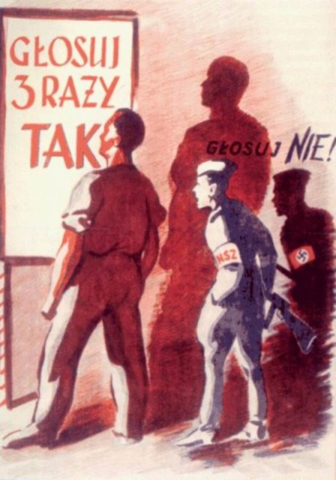 Grafika przedstawiająca plakat propagandowy na którym widać dwóch mężczyzn czytających plakat o treści "Głosuj 3 razy TAK". Pierwszy mężczyzna jest silnie zbudowany i dumnie wyprostowany. Drugi mężczyzna jest niski i zgarbiony, a w ręce trzyma karabin. Na jego ramieniu jest opaska z literami NSZ. Nad jego postacią jest napis „Głosuj NIE!”. Trzecie mężczyzna to cień rzucany przez tego drugiego mężczyznę. Dla odmiany ma on w miejscu opaski na ramieniu swastykę.
