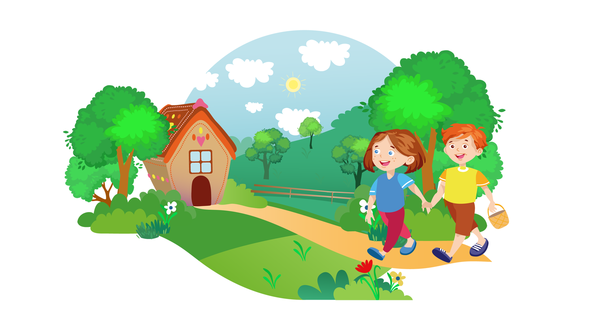 Ilustracja przedstawia rozległy teren porośnięty zielenią. W tle widać błękitne niebo ze słońcem i jasnymi chmurami. Dookoła rosną pojedyncze drzewa liściaste. Przez środek ilustracji biegnie ścieżka prowadząca do małego domku. Ma on drzwi, jedno okienko i brązowy dach, jest cały ozdobiony kolorowymi kropkami i serduszkami. Po prawej stronie idą ścieżką, w stronę domku, uśmiechnięci Maja i Franek. Trzymają się za ręce. Franek niesie w lewej ręce pusty jasnobrązowy koszyk.