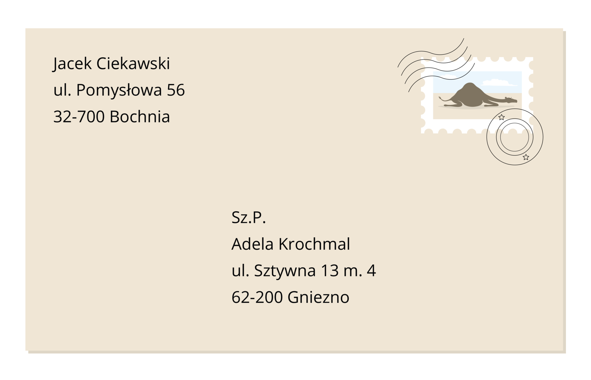 Grafika przedstawiająca zaadresowaną kopertę z danymi adresowymi zarówno nadawcy listu, jak i jego odbiorcy. Na środku widnieją dane odbiorcy listu: Sz.P. Adela Krochmal, ul. Sztywna trzynaście m. cztery, sześćdziesiąt dwa dwieście Gniezno. W górnym lewym rogu widnieją dane nadawcy listu: Jacek Ciekawski, ul. Pomysłowa pięćdziesiąt sześć, trzydzieści dwa siedemset Bochnia. Na kopercie jest znaczek pocztowy i pieczątki.