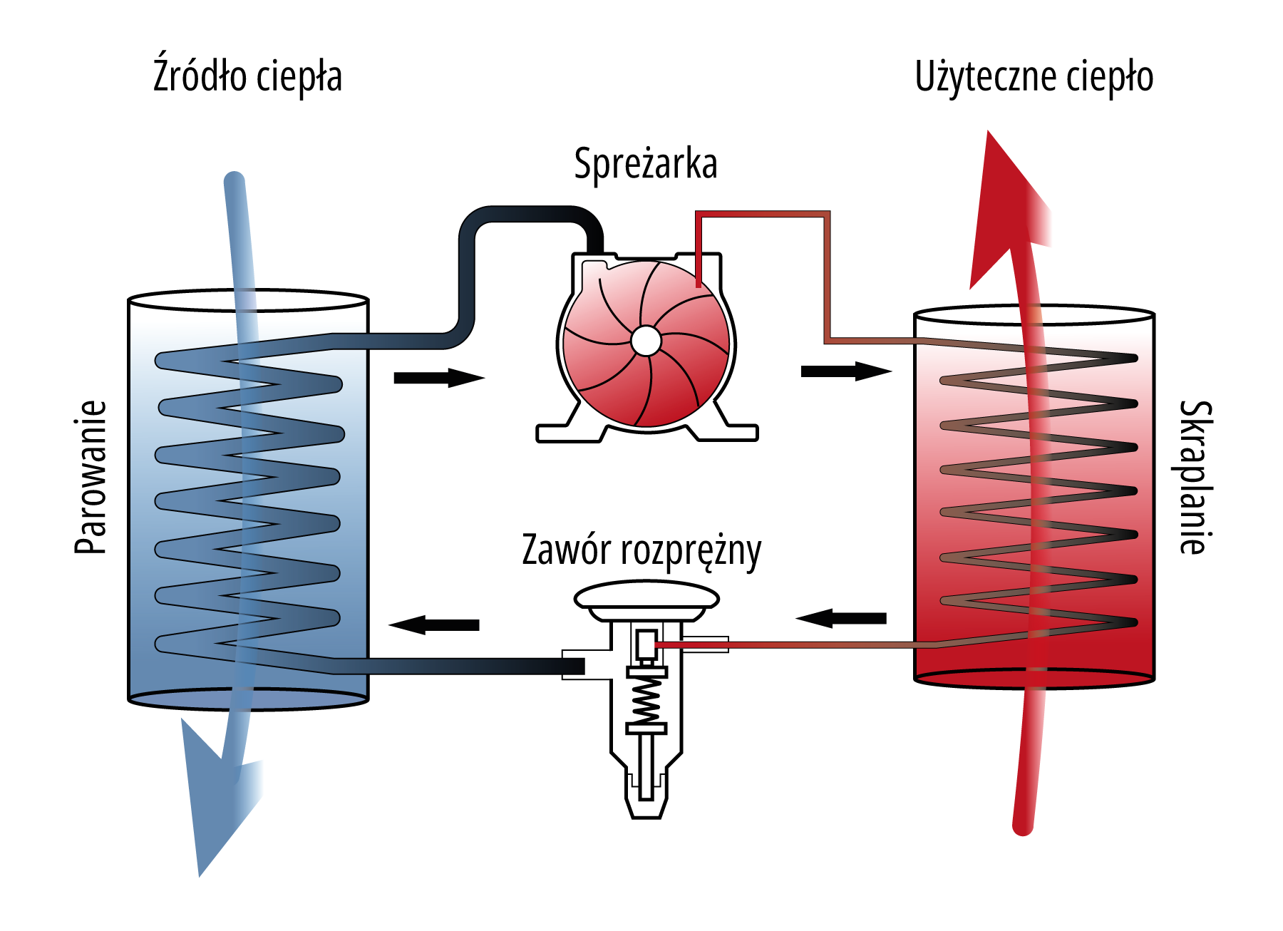 Grafika przedstawia schemat procesów fizycznych zachodzących w pompie ciepła: parowanie, sprężanie, skraplanie i rozprężanie. Opisane i oznaczone są elementy: sprężarka, zawór rozprężny, źródło ciepła i użyteczne ciepło oraz procesy: parowanie i skraplanie. 