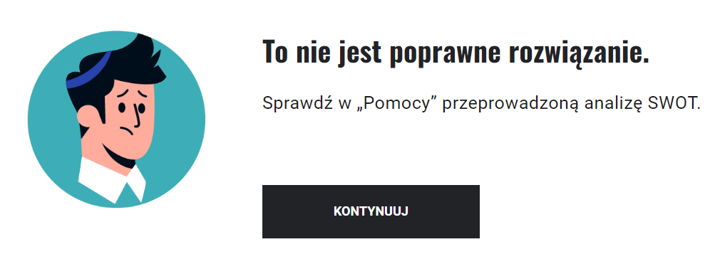 Grafika przedstawia przykładową informację zwrotną w grze. Po lewej stronie rysunek przedstawiający głowę smutnego mężczyzny. Obok grafiki informacja: To nie jest poprawne rozwiązanie. Sprawdź w „Pomocy” przeprowadzoną analizę SWOT. Poniżej prostokątna ramka z napisem kontynuuj. 