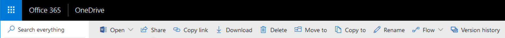 Zrzut ekranu przedstawia pasek narzędzi w Office 365 / OneDrive, który pojawia się po zaznaczeniu dokumentu. Od lewej: pole tekstowe wyszukiwarki (search everything). Następnie przyciski menu: Open, Share, Copy link, Download, Delete, Move to, Copy to, Rename, Flow, Version history.