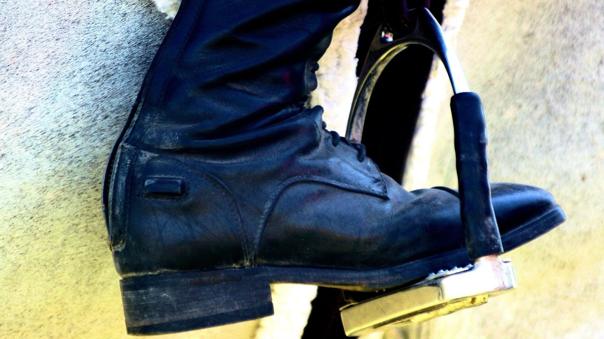 Na zdjęciu widoczne jest strzemię i włożoną w nie stopę jeźdźca. Szczegółowy opis uzupełniający zdjęcie znajduje się w treści definicji.