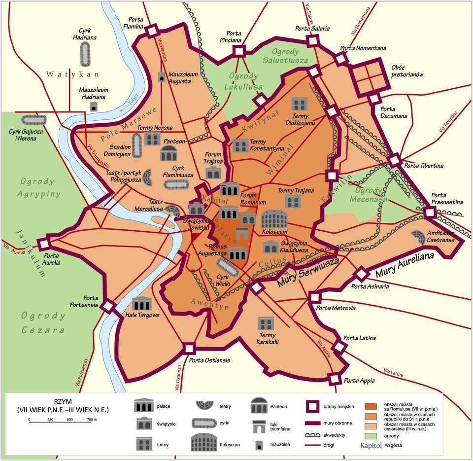 Mapa przedstawia terytorium Rzymu z okresu między VII wiekiem p.n.e. a III wiekiem n.e. Na dole legenda z symbolami oznaczającymi: pałace, świątynie, termy, teatry, cyrki, Koloseum, Panteon, łuki triumfalne, mauzolea, bramy miejskie, mury obronne, akwedukty, drogi. Kolorami prostokątnych pól oznaczono: obszar miasta za Romulusa (VII w. p.n.e.), obszar miasta w czasach republiki do 31 r. p.n.e., obszar miasta w czasach cesarstwa (III w. n.e.), ogrody. Na mapie widoczne obszary w kolorach z legendy. Na środku pierwszy nieduży obszar miasta za Romulusa (VII w. p.n.e.): wzgórze Palatyn, Forum Romanum, dwa pałace, w tym Domus Augustusa, łuk triumfalny, świątynia. Obszar ten jest otoczony przez drugi i jaśniejszy kolor wskazujący, że jest to stan granic miasta z czasów republiki do 31 r. p.n.e. Drugi obszar otaczają mury obronne (Mury Serwiusza), w których jest pięć bram miejskich (porta), z lewej strony dostępu broni Rzeka Tyber. Na dole: Wzgórze Awentyn, akwedukty biegnące w prawo, Cyrk Wielki; po lewej: Świątynia Jowisza, Wzgórze Kapitol; powyżej: Wzgórze Wyminal, Termy Konstantyna, Wzgórze Kwirynał, Termy Dioklecjana. Wzdłuż muru na odcinku trzech bram biegnie akwedukt. Poniżej: Termy Trajana, Koloseum, Świątynia Klaudiusza, Wzgórze Celius. Dookoła drugiego obszaru jeszcze jaśniejszym kolorem zaznaczono trzeci obszar z czasów cesarstwa (III w. n.e.), również otoczony murami (zwanymi Murami Aureliana), z czternastoma bramami. Po lewej stronie nad Tybrem są hale targowe, Porta Portuensis i Porta Aurelia, wyżej (także nad rzeką) – Teatr Marcellusa, następnie: Teatr i portyk Pompejusza, Cyrk Flaminiusza, Forum Trajana, Panteon, Termy Nerona, Stadion Domicjana, Pole Marsowe, Mauzoleum Augusta, Porta Flamina. Wewnątrz trzeciego obszaru są dwa obszary zielone oznaczające ogrody: u góry jest obszar nazwany Ogrody Lukullusa i Ogrody Salustiusza, a z prawej strony obszar nazwany Ogrody Mecenasa. Na górze murów obronnych otaczających trzeci obszar i ogrody są: Porta Pinciana i Porta Salaria, Porta Nomentana. Po prawej stronie trzeciego obszaru są: Obóz pretorianów, rozbudowane akwedukty, Porta Decumana, Porta Tiburtina, Porta Praenestina, Wzgórze Eskwilin, Amfiteatr Castrense, Porta Asinaria, Porta Metrovia, Porta Latina, Porta Appia, Termy Karakalli, Porta Ostiensis. Za murami miasta, promieniście rozchodzą się drogi (po łacinie via), które wewnątrz murów tworzą sieć; na dole Via Ostiensis. Na lewo Via Portuensis, Ogrody Cezara, Wzgórze Janikulum, Via Aurelia, Ogrody Agrypiny, Cyrk Gajusza i Nerona, Watykan, na terenie którego jest Mauzoleum Hadriana i Cyrk Hadriana. Na górze: Via Flamina, akwedukt, Via Salaria, Via Nomentana; po prawej: Via Tiburtina, poniżej Via Latina.