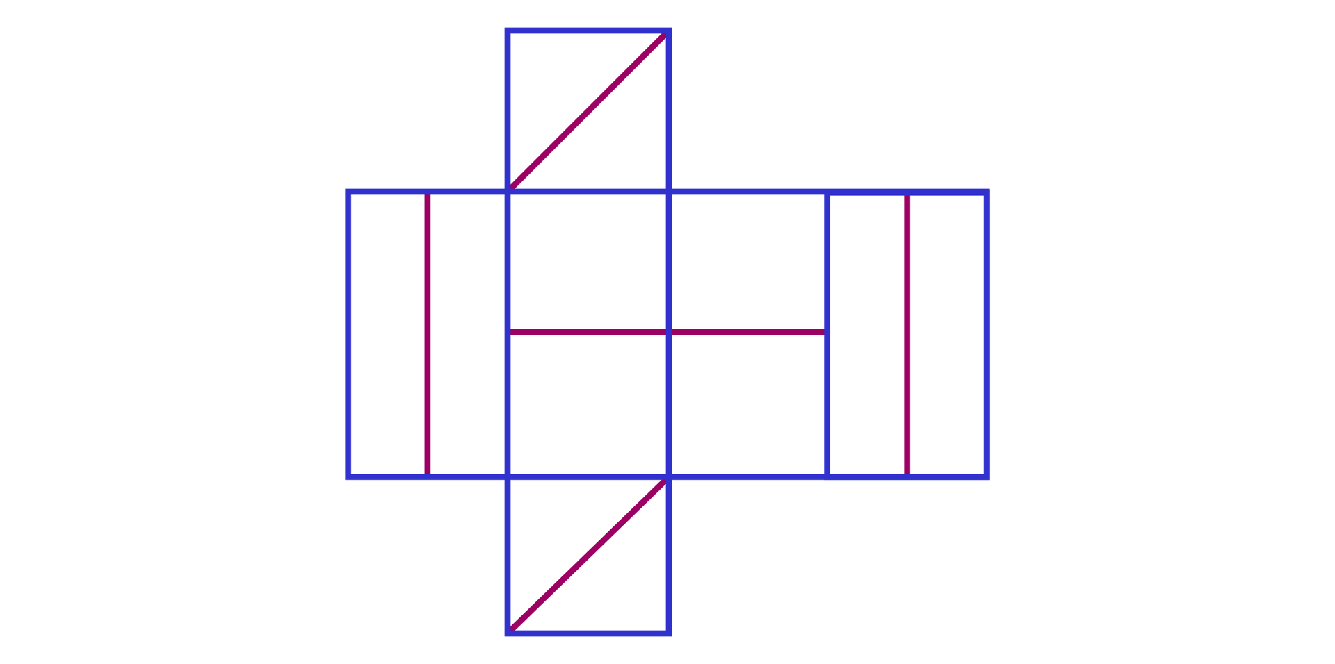 Grafika przedstawia siatkę  graniastosłupa prawidłowego czworokątnego. Siatka przedstawiona jest w taki sposób że cztery prostokąty ułożone są przylegająco wysokościami. Powyżej oraz poniżej do drugiego prostokąta przylegają kwadraty. Przekątne kwadratów oznaczone są czerwonymi liniami. Boki graniastosłupa również podzielono na pół liniami , dwa wzdłużnie a dwa poprzecznie na mniejsze prostokąty, naprzemianlegle tak że pierwszy i czwarty prostokąt podzielone są na węższe prostokąty a drugi i trzeci na kwadraty. 