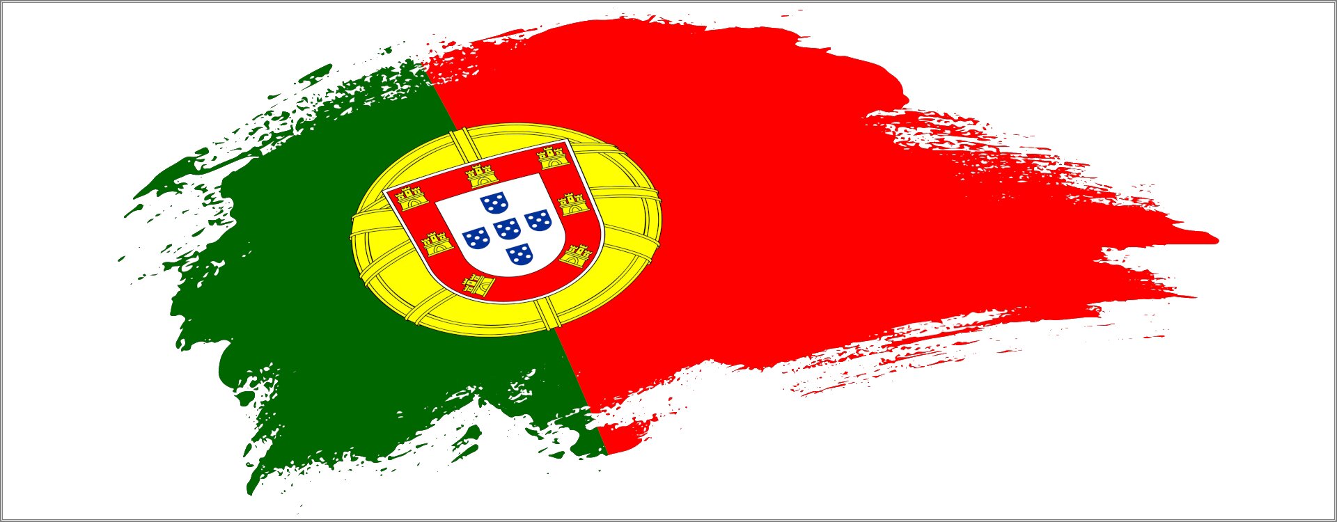 Ilustracja przedstawia flagę Portugalii na białym tle. Flaga składa się z dwóch pionowych pasów, pas lewy (zielony) jest węższy od prawego (czerwonego). Pomiędzy pasami umieszczona jest okrągła złota tarcza, na której namalowany jest herb.