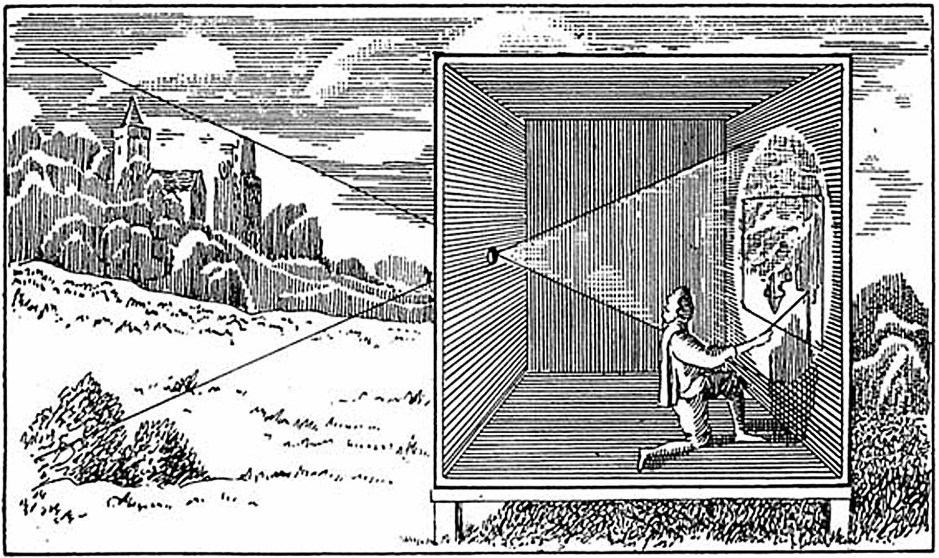 Ilustracja przedstawia rycinę, na której zobrazowany jest sposób przenoszenia obrazu za pomocą przyrządu camera obscura. W dużej skrzyni z otworem po lewej stronie znajduje się artysta, pracujący przy malowaniu obrazu. Na prawej ścianie odbija się odwrócony obraz pejzażu, znajdującego się na zewnątrz, wpadający przez soczewkę w otworze skrzyni.