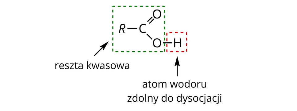 Ilustracja przedstawia wzór strukturalny. Od lewej R wiązanie pojedyncze C. Od C odchodzi wiązanie podwójne do O znajdującego się u góry i po prawej w stosunku do C oraz wiązanie pojedyncze do O znajdującego się na dole i po prawej stronie w stosunku do C. Grupa ta znajduje się w ramce z zielonej, przerywanej linii, do której dochodzi strzałka z opisem reszta kwasowa. Od dolnego O odchodzi w prawą stronę wiązanie pojedyncze do H. H znajduje się w ramce czerwonej przerywanej linii, i dochodzi do niego strzałka z opisem atom wodoru zdolny do dysocjacji.