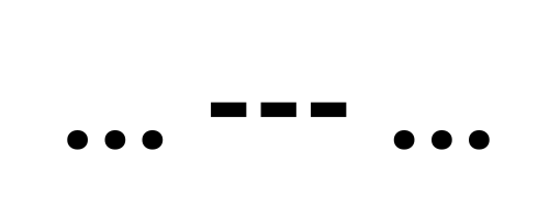 Grafika przedstawia symboliczny zapis sygnału SOS w kodzie Morse’a: trzy kropki, trzy kreski, trzy kropki, ułożone poziomo.